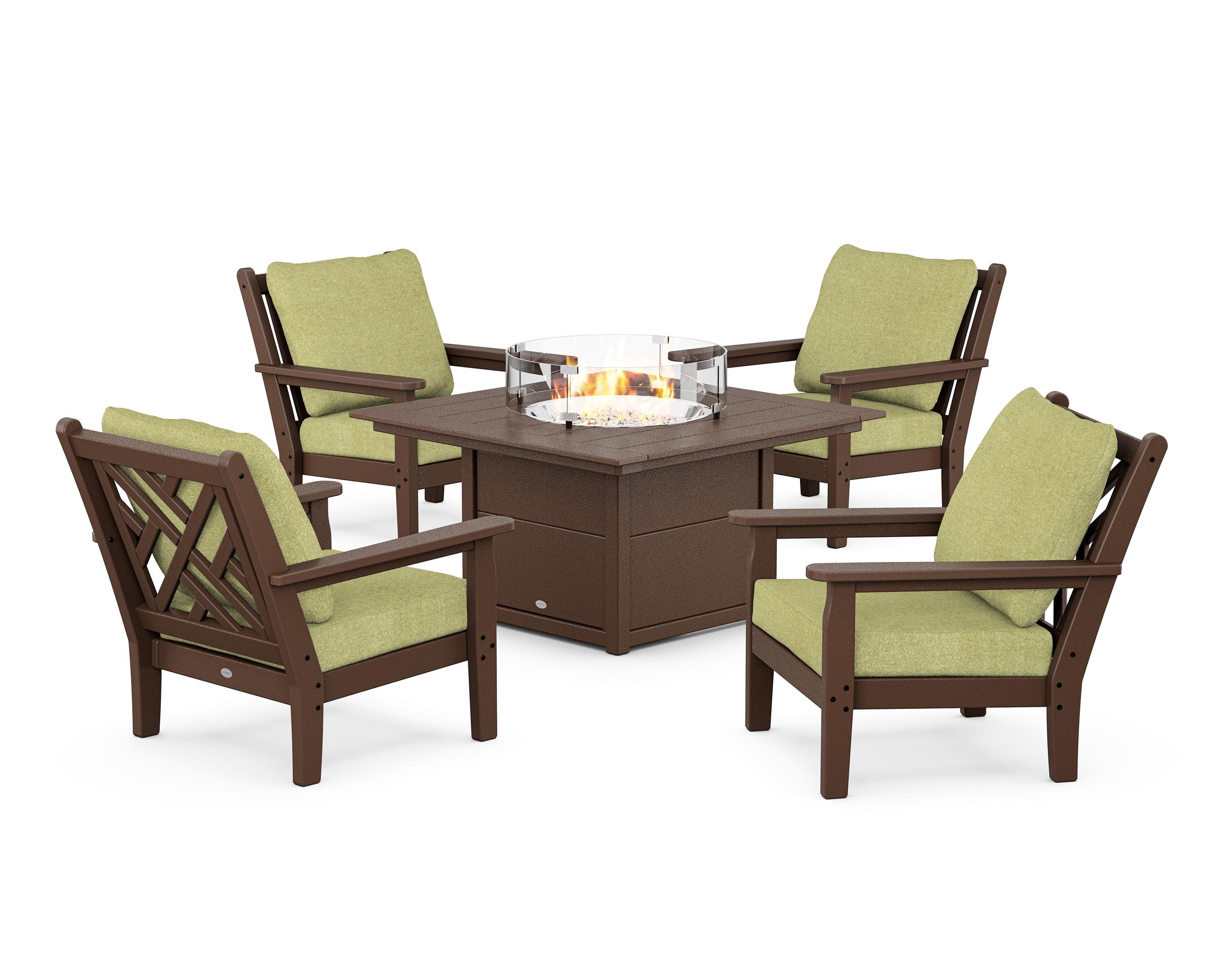 POLYWOOD Chippendale 5-Piece Deep Seating Set with Fire Pit Table in Mahogany / Chartreuse Boucle