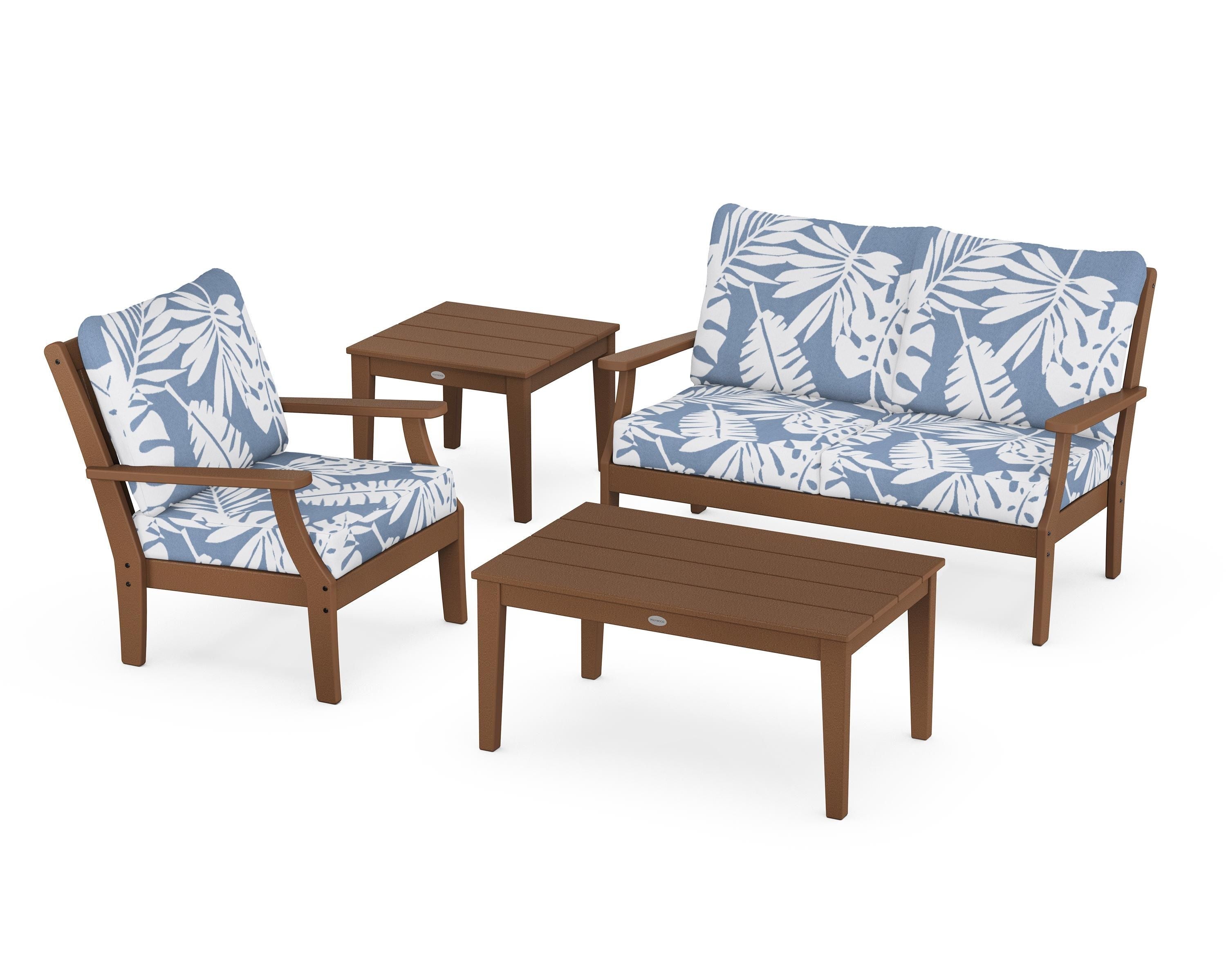POLYWOOD Braxton 4-Piece Deep Seating Set in Teak / Leaf Sky Blue