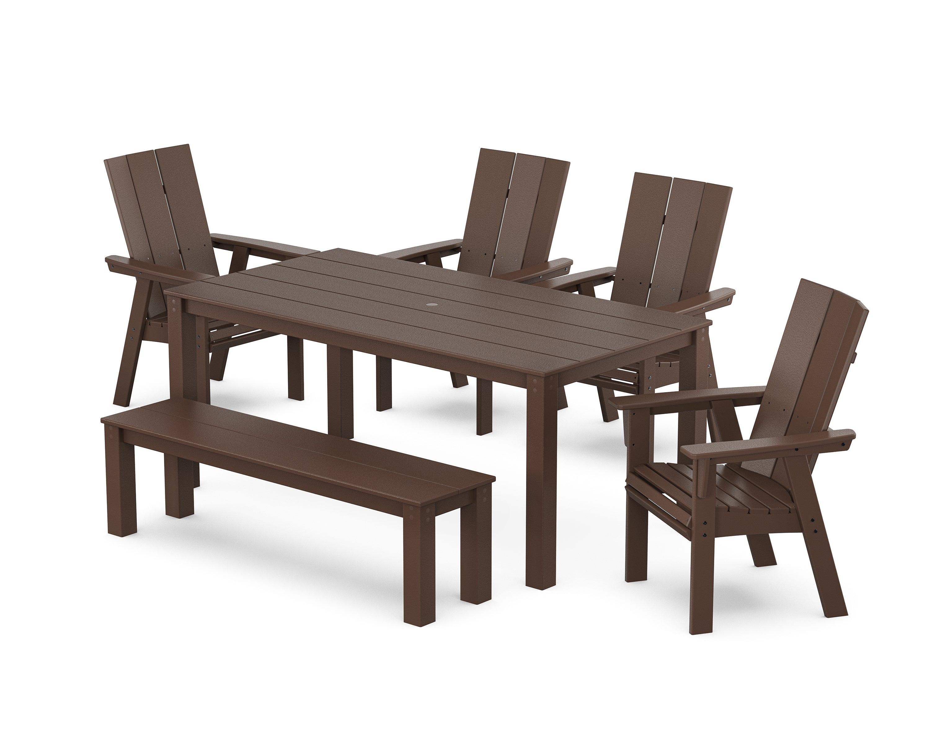 POLYWOOD® Modern Curveback Adirondack 6-Piece Parsons Dining Set with Bench in Mahogany