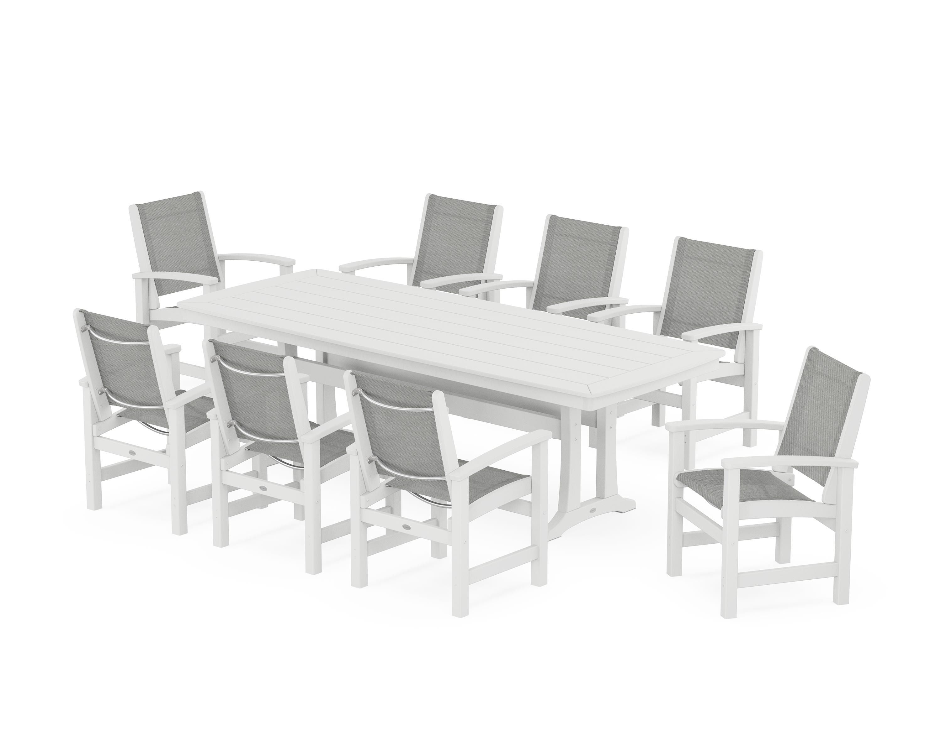 POLYWOOD Coastal 9-Piece Dining Set with Trestle Legs in White / Metallic Sling