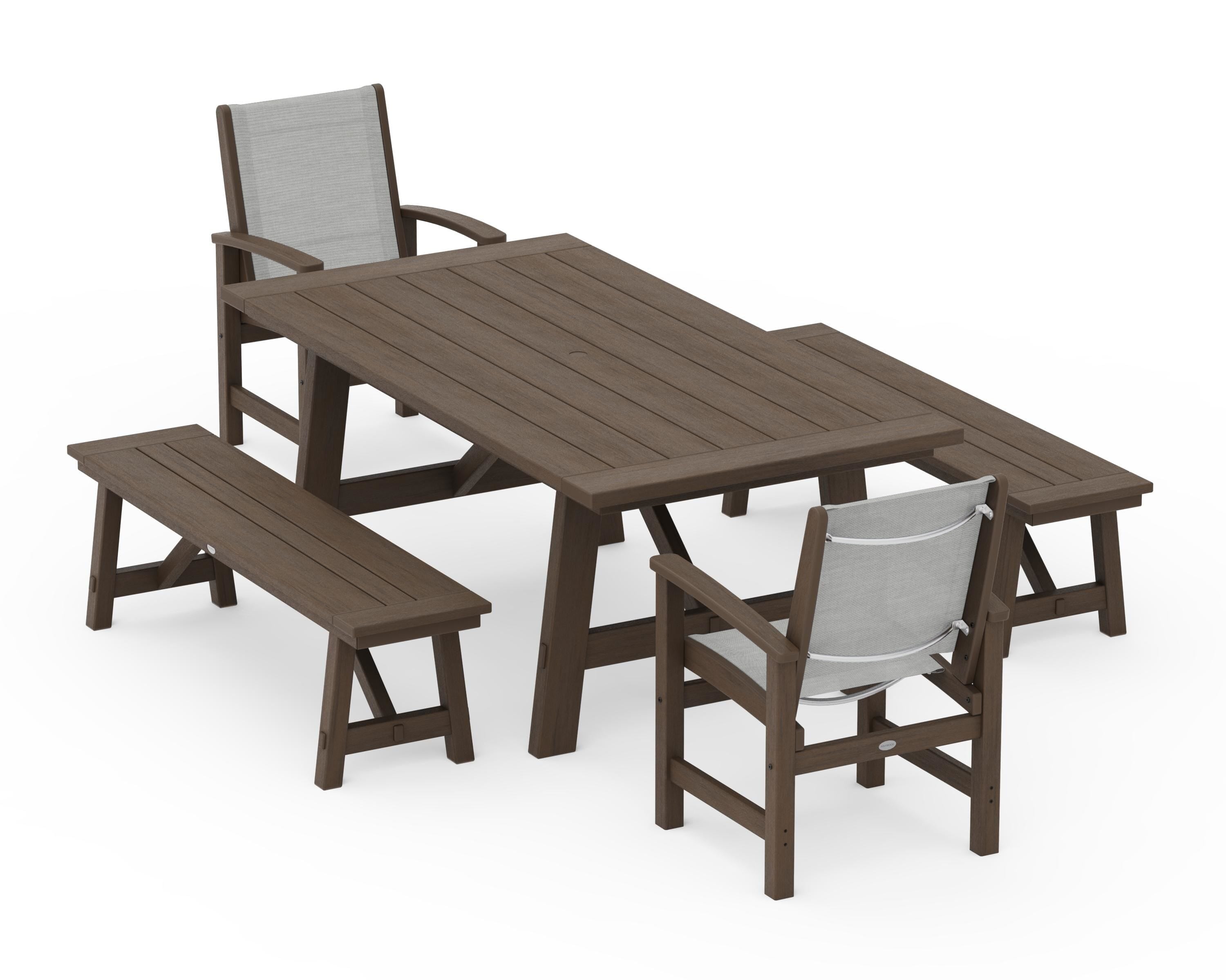 POLYWOOD Coastal 5-Piece Rustic Farmhouse Dining Set With Benches in Kona / Metallic Sling