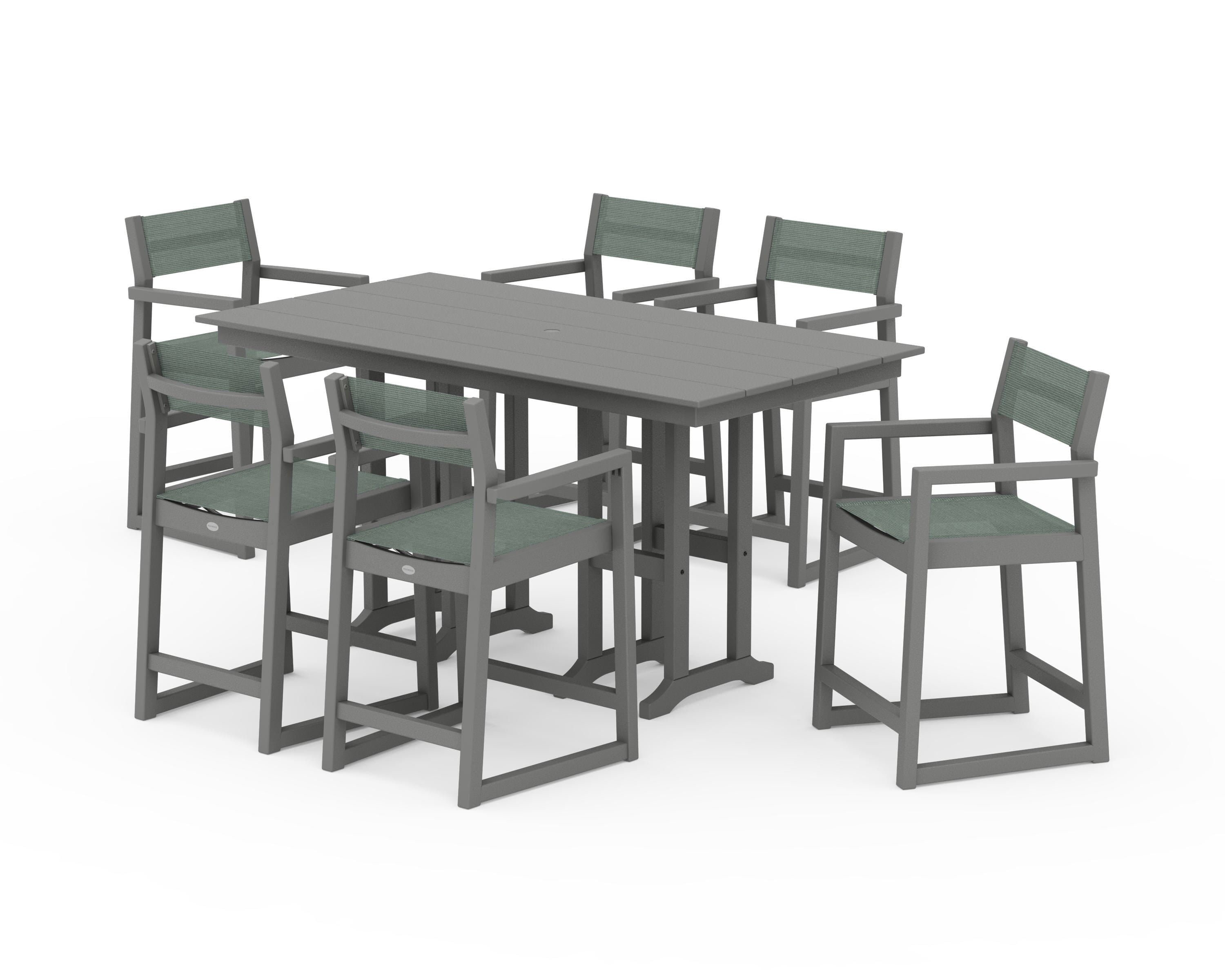 POLYWOOD EDGE Sling Arm Chair 7-Piece Farmhouse Counter Set in Slate Grey / Dupioni Sea Mist Sling