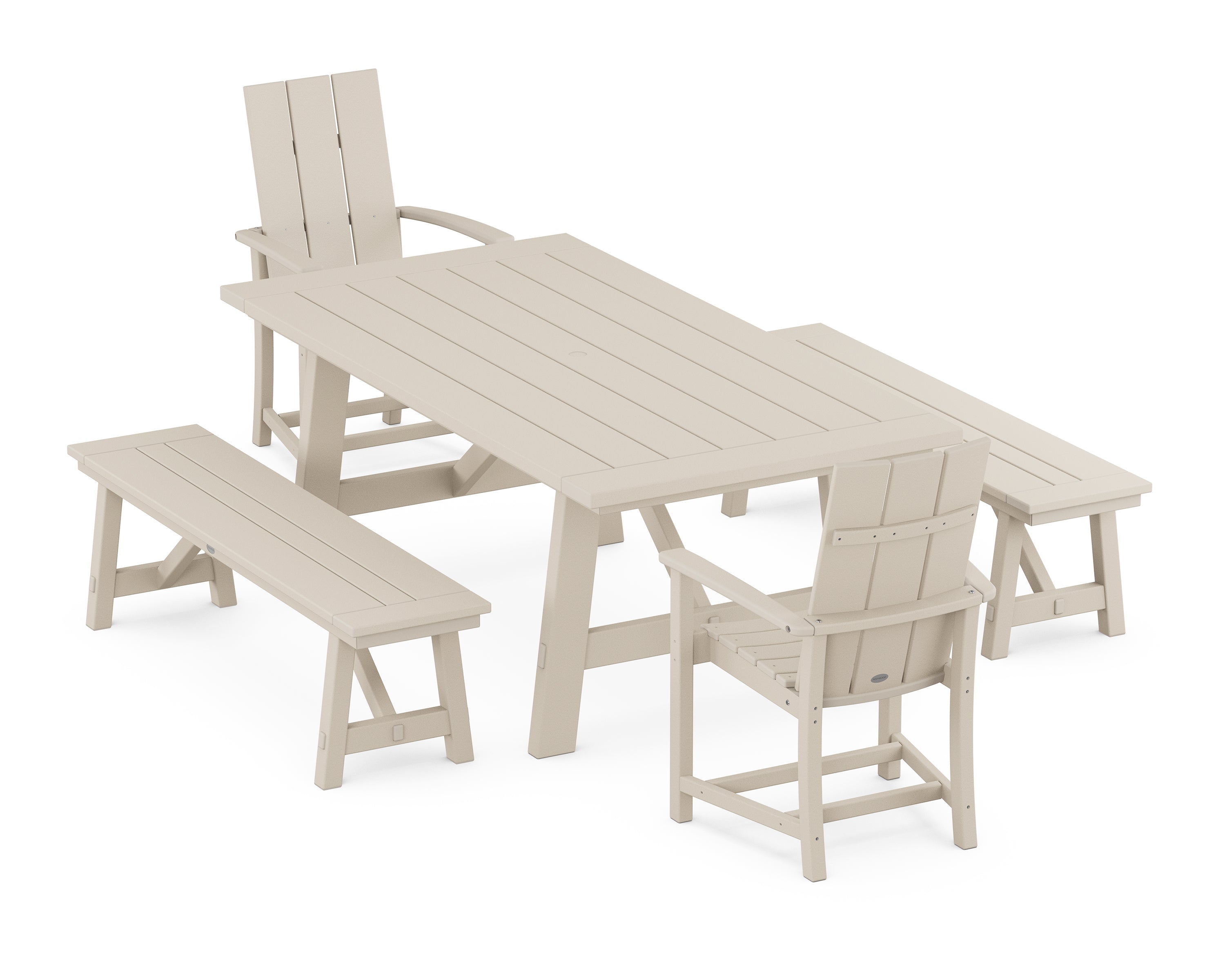 POLYWOOD® Modern Adirondack 5-Piece Rustic Farmhouse Dining Set With Benches in Sand