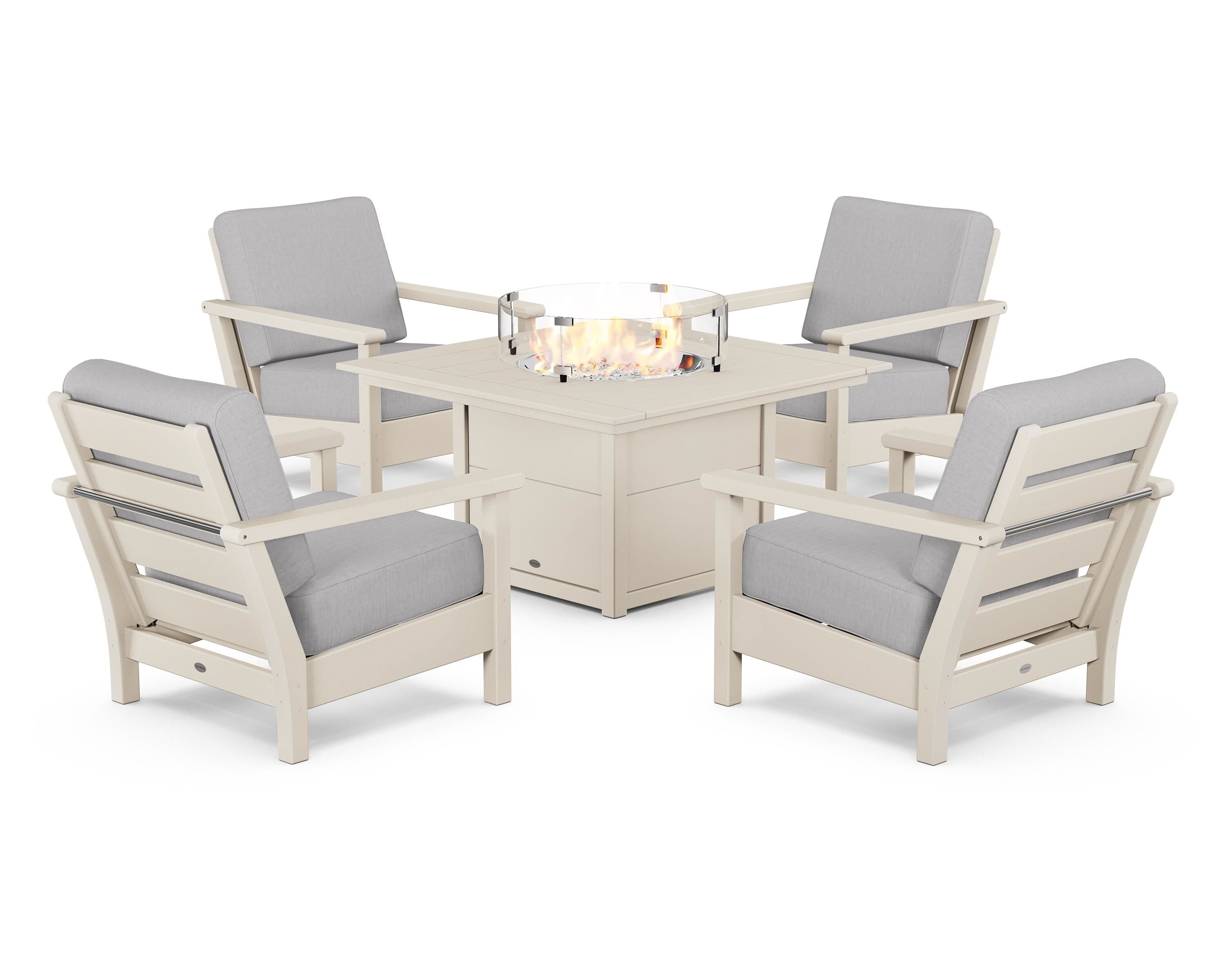 POLYWOOD Harbour 5-Piece Conversation Set with Fire Pit Table in Sand / Granite