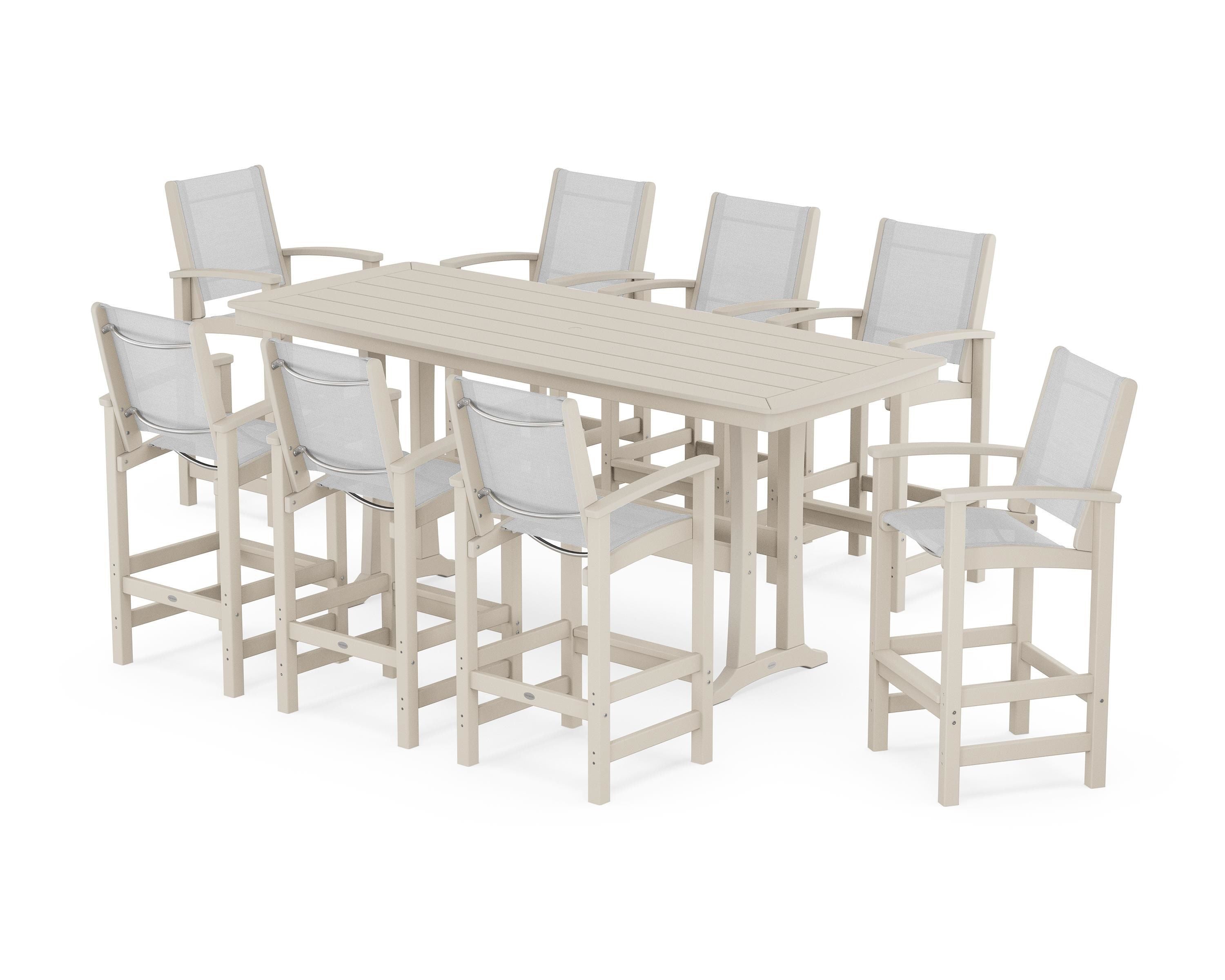 POLYWOOD Coastal 9-Piece Bar Set with Trestle Legs in Sand / White Sling