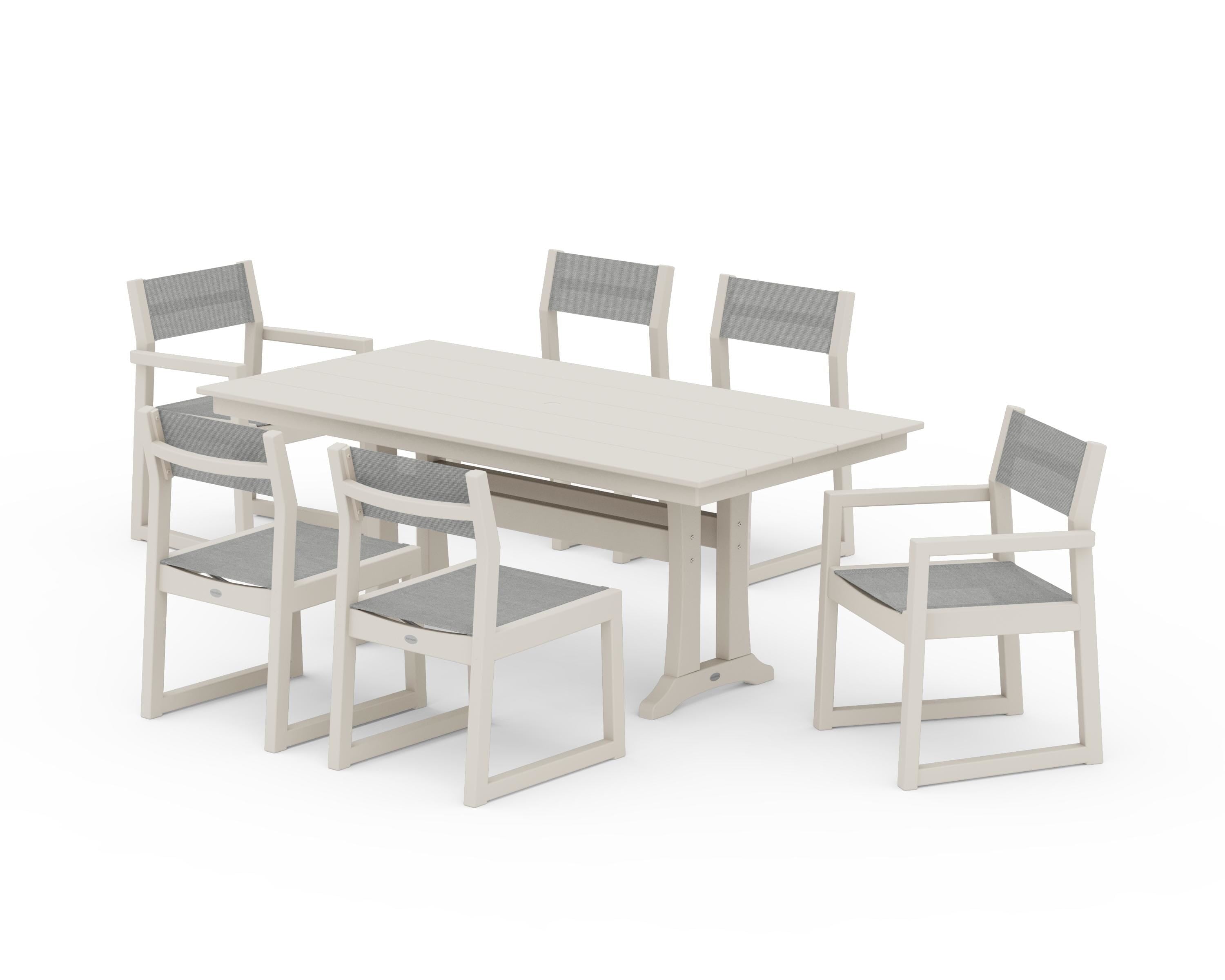 POLYWOOD EDGE Sling 7-Piece Farmhouse Trestle Dining Set in Sand / Metallic Sling