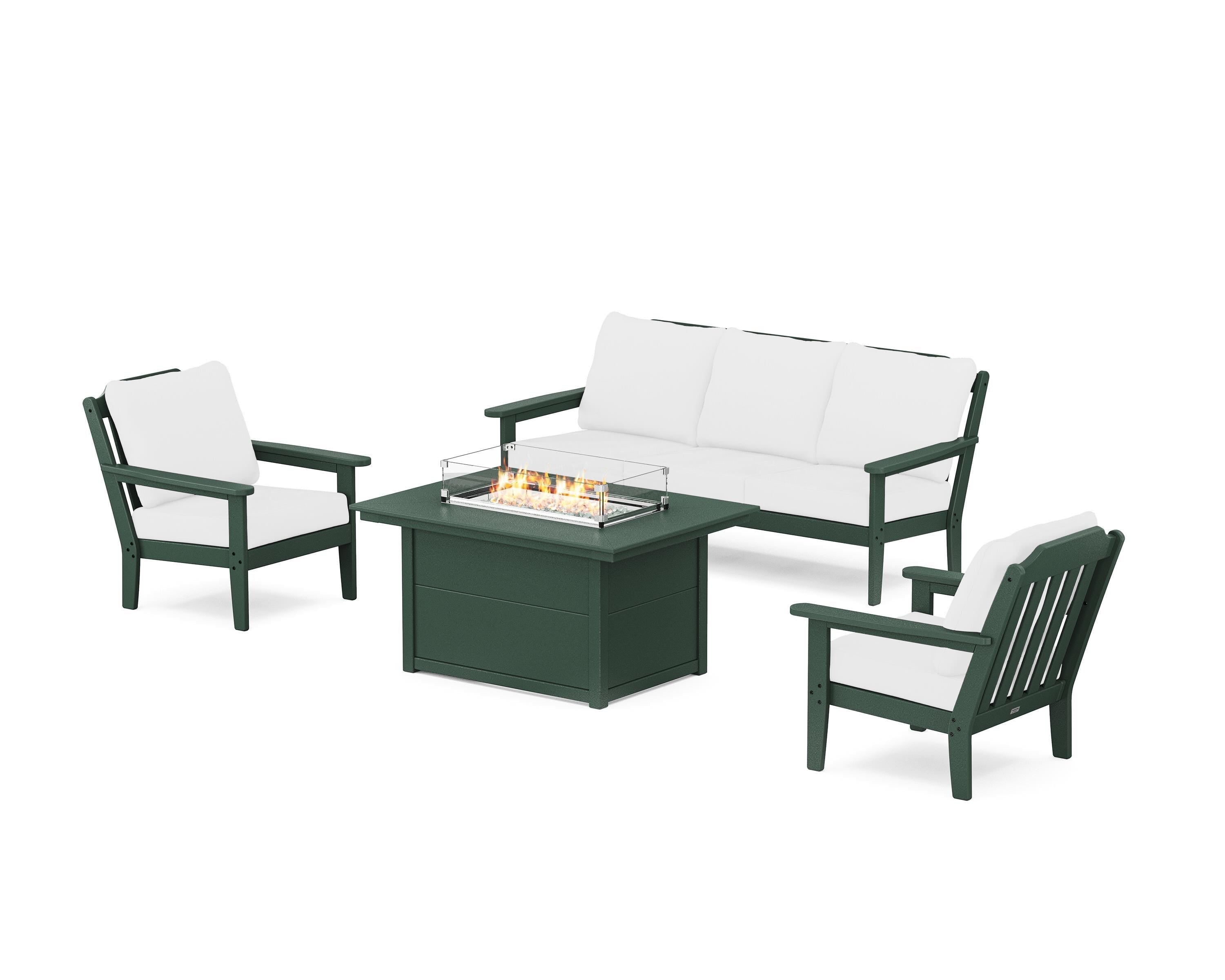 Country Living Cottage Deep Seating Fire Pit Table Set in Green / Natural