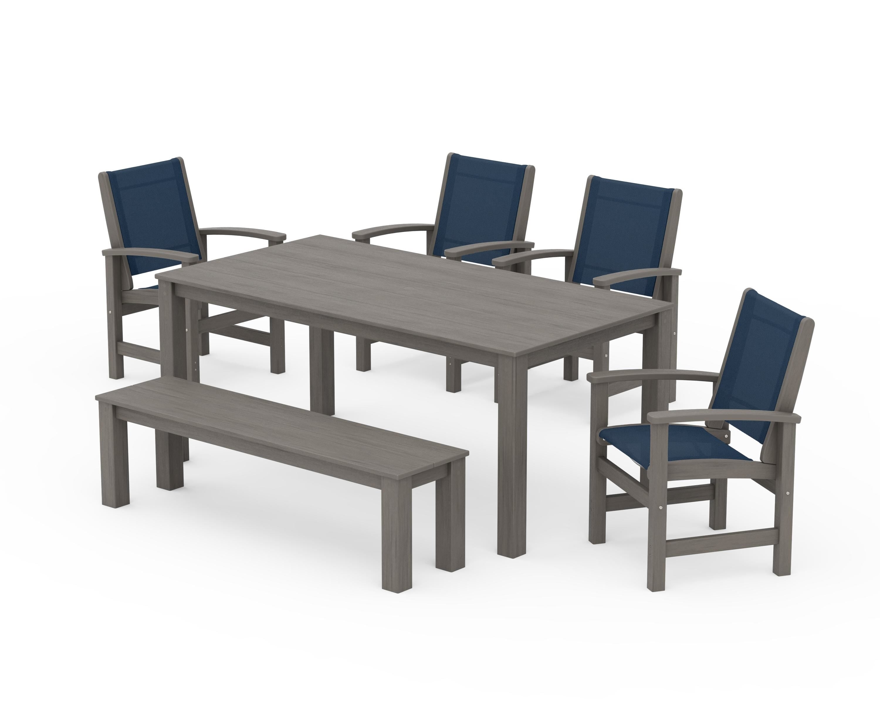 POLYWOOD Coastal 6-Piece Parsons Dining Set with Bench in Driftwood / Navy Blue Sling