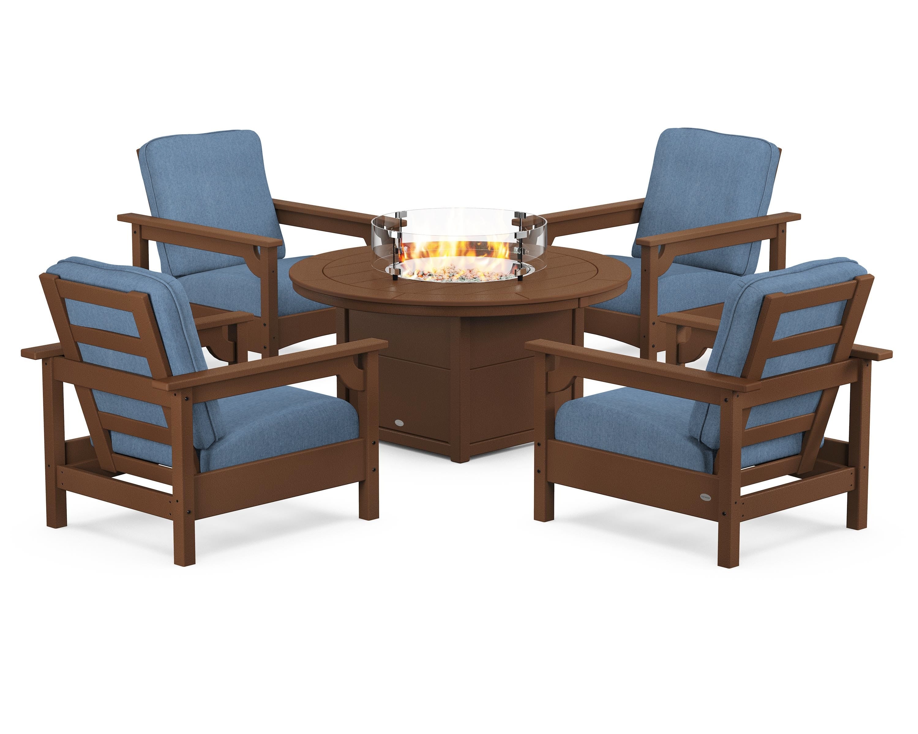 POLYWOOD Club 5-Piece Conversation Set with Fire Pit Table in Teak / Sky Blue