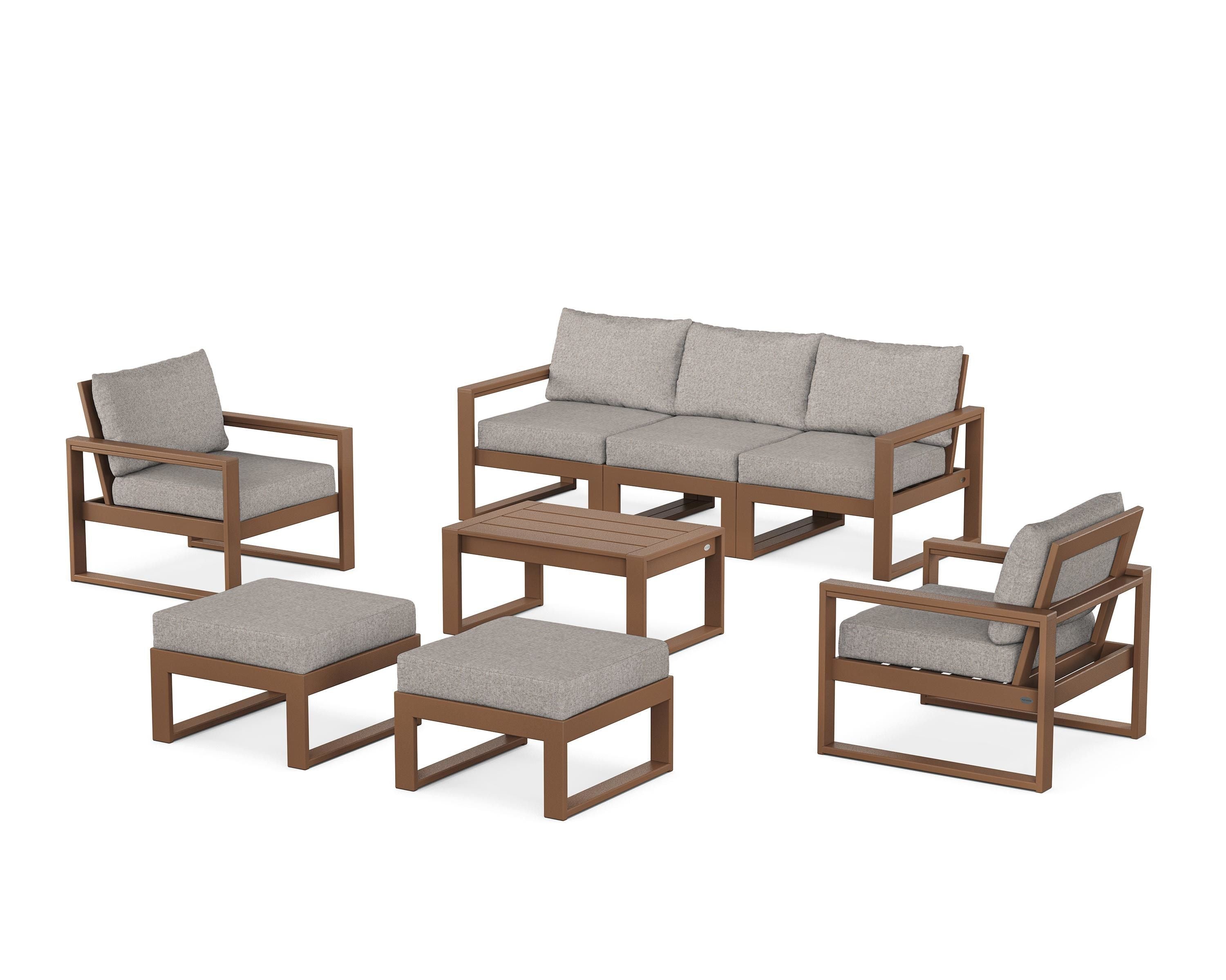POLYWOOD EDGE Sectional 8-Piece Lounge Sofa Set in Teak / Weathered Tweed
