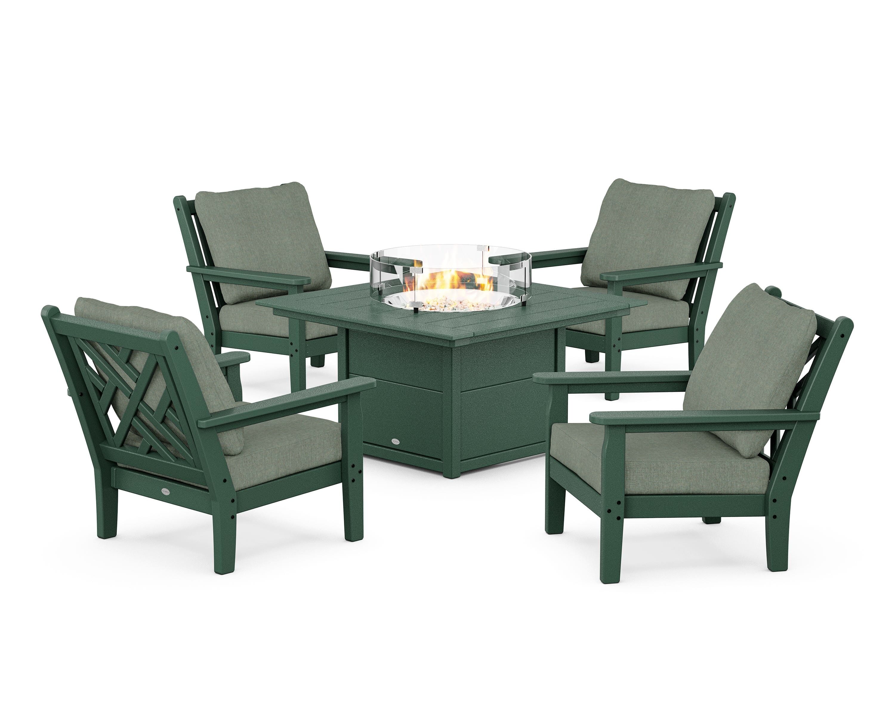 POLYWOOD Chippendale 5-Piece Deep Seating Set with Fire Pit Table in Green / Cast Sage