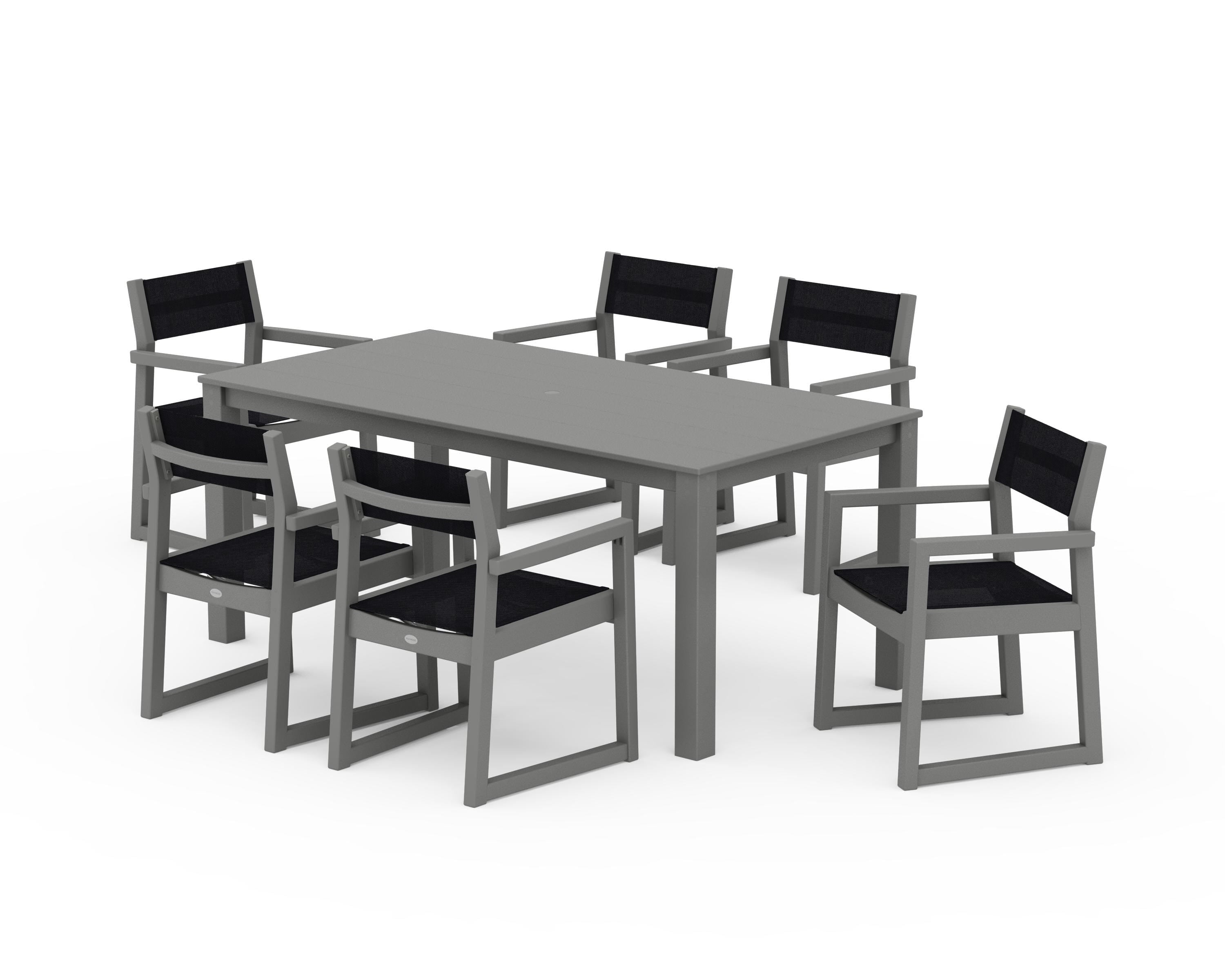 POLYWOOD EDGE Sling Arm Chair 7-Piece Parsons Dining Set in Slate Grey / Black Sling