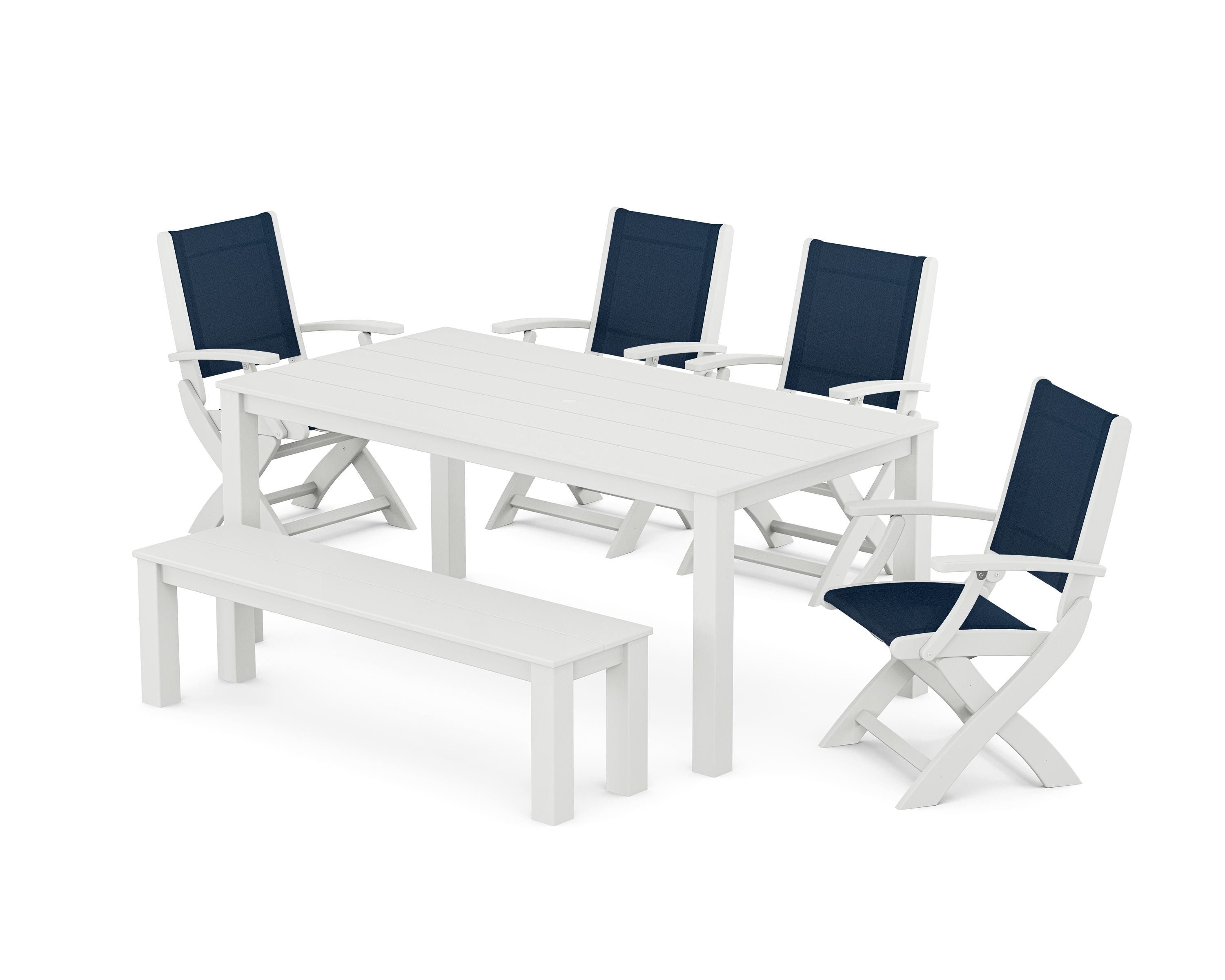 POLYWOOD Coastal Folding Chair 6-Piece Parsons Dining Set with Bench in White / Navy Blue Sling