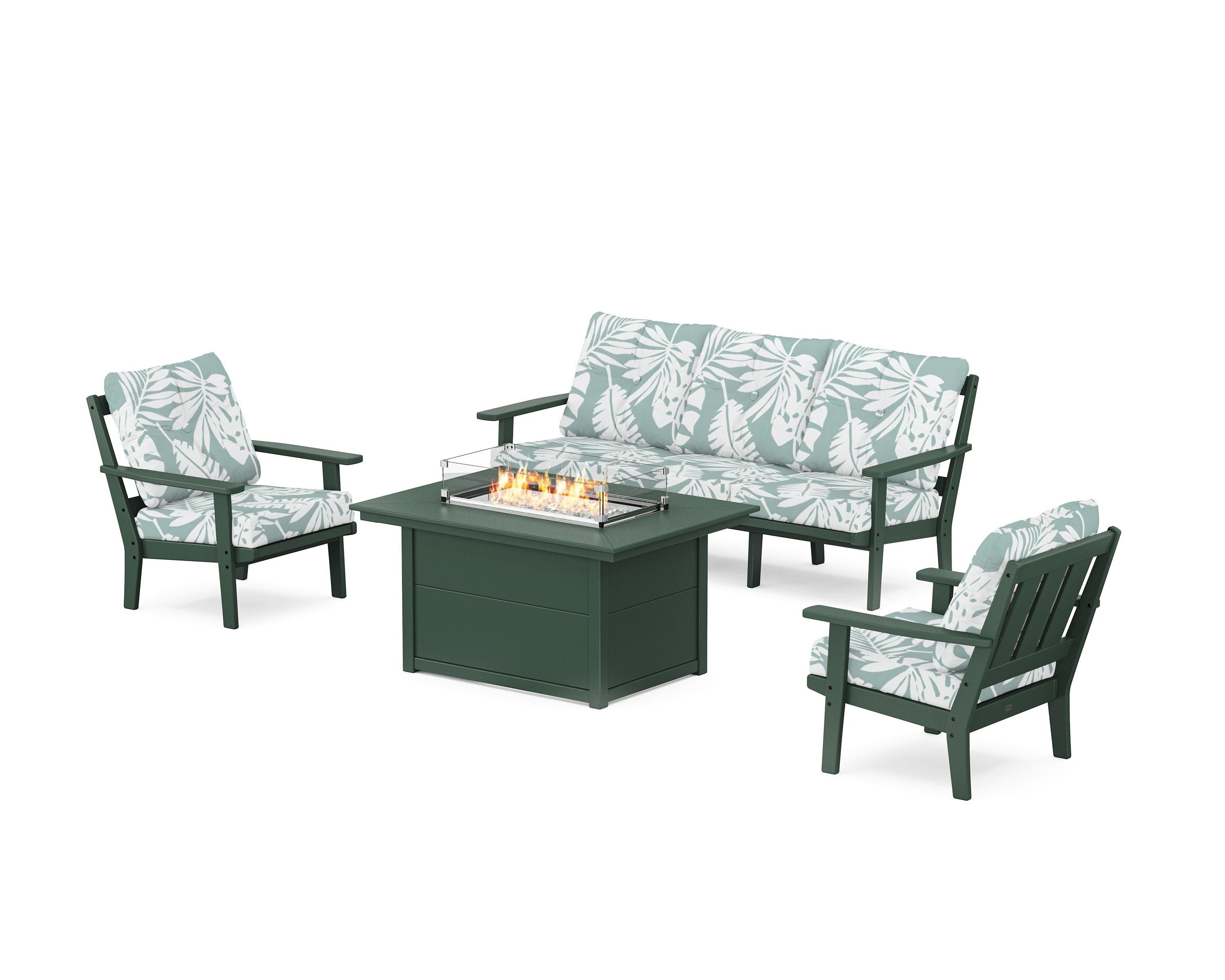 POLYWOOD Oxford Deep Seating Fire Pit Table Set in Green / Leaf Glacier Spa