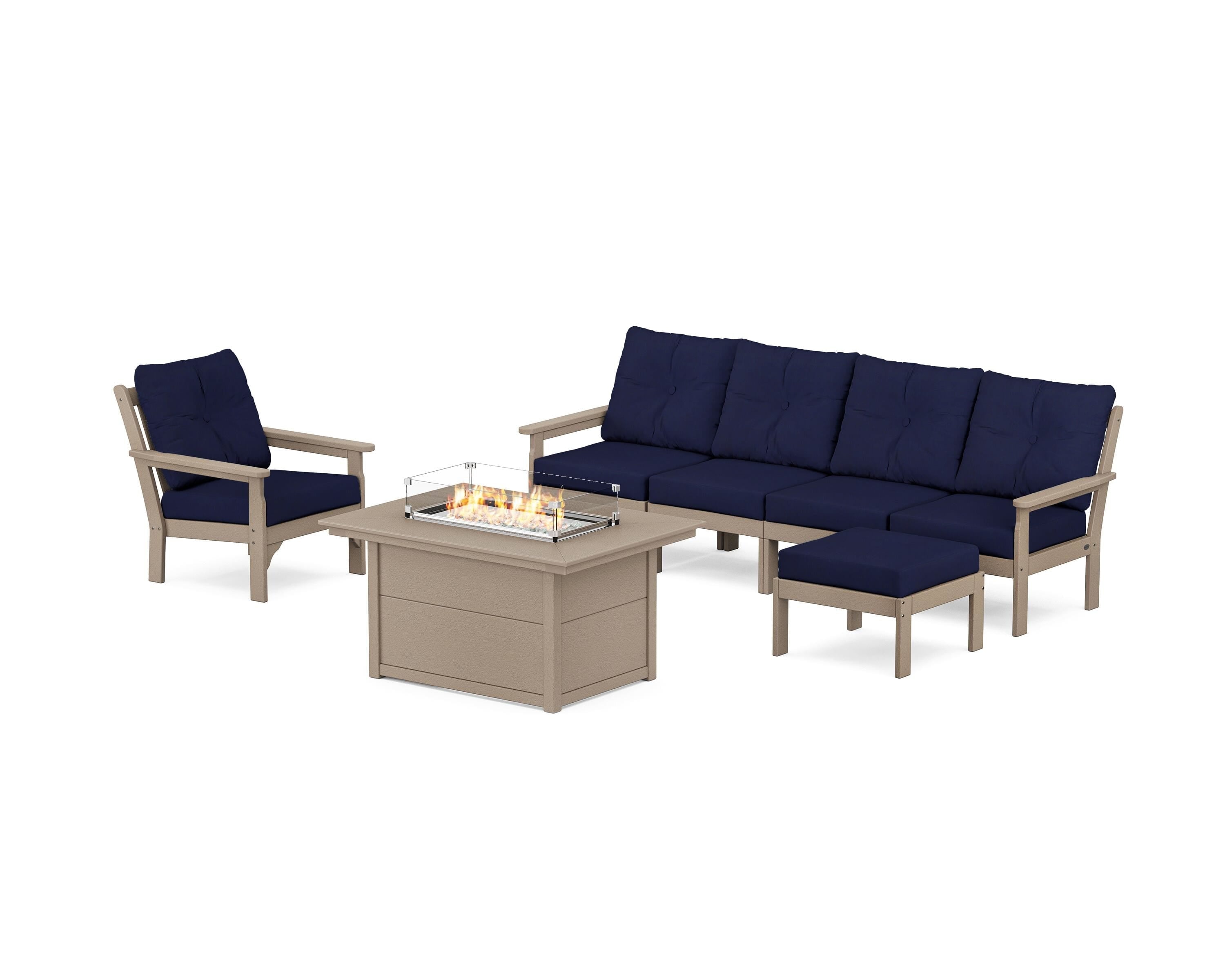 POLYWOOD Vineyard Sectional Lounge and Fire Pit Set in Vintage Sahara / Navy