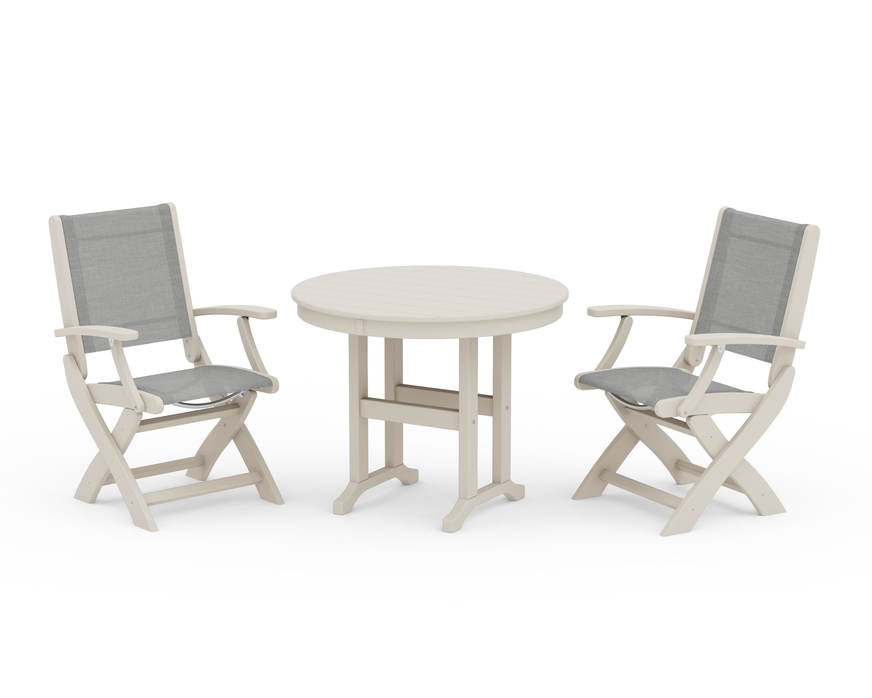 POLYWOOD Coastal Folding Chair 3-Piece Round Dining Set in Sand / Metallic Sling