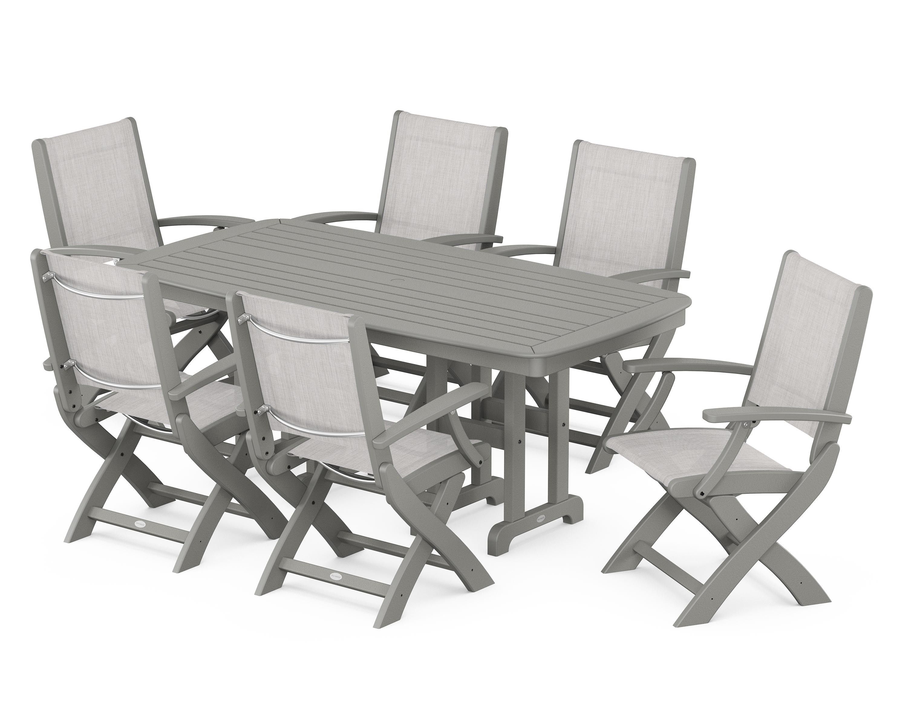POLYWOOD Coastal Folding Arm Chair 7-Piece Dining Set in Slate Grey / Parchment Sling