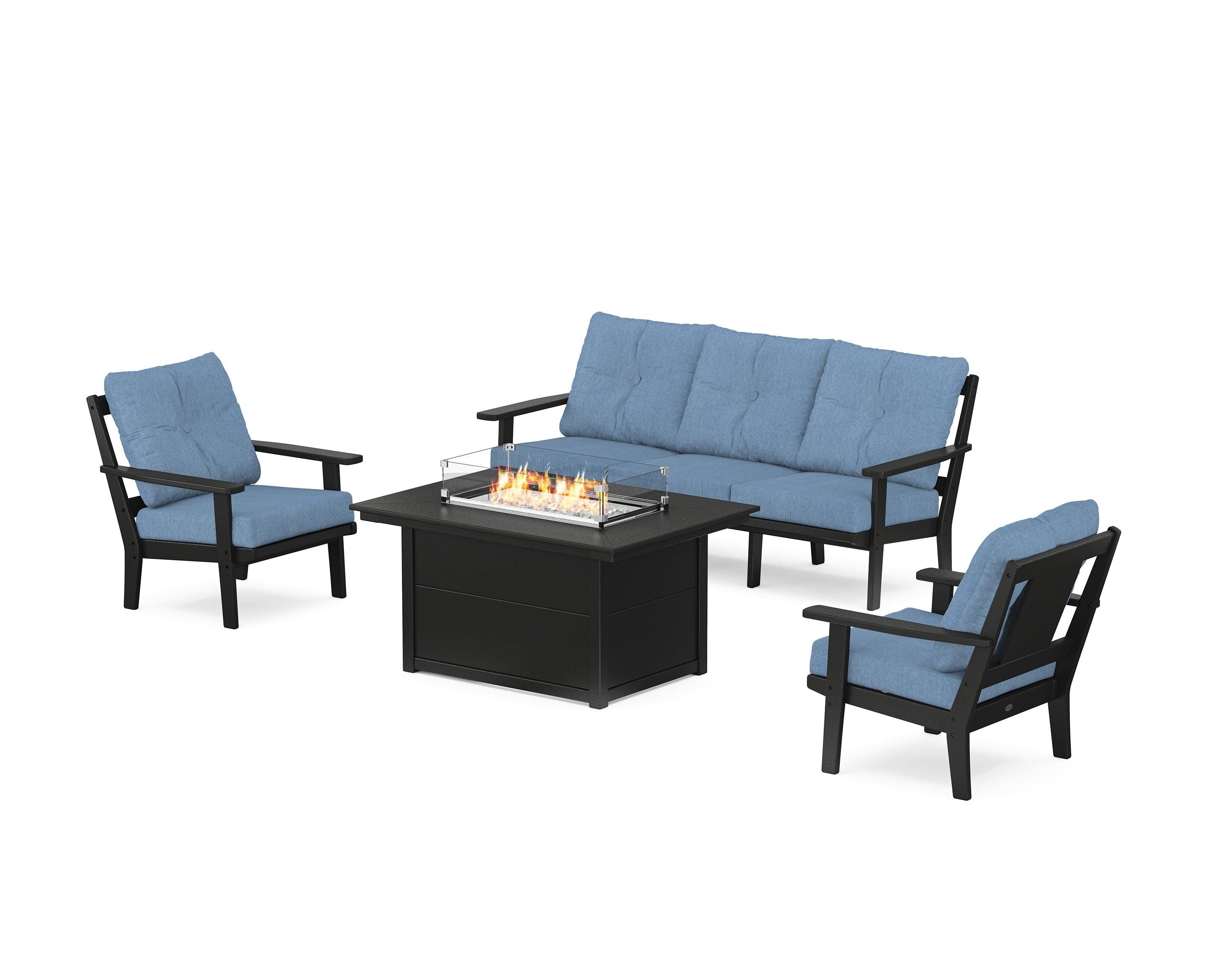 POLYWOOD Prairie Deep Seating Fire Pit Table Set in Black / Sky Blue