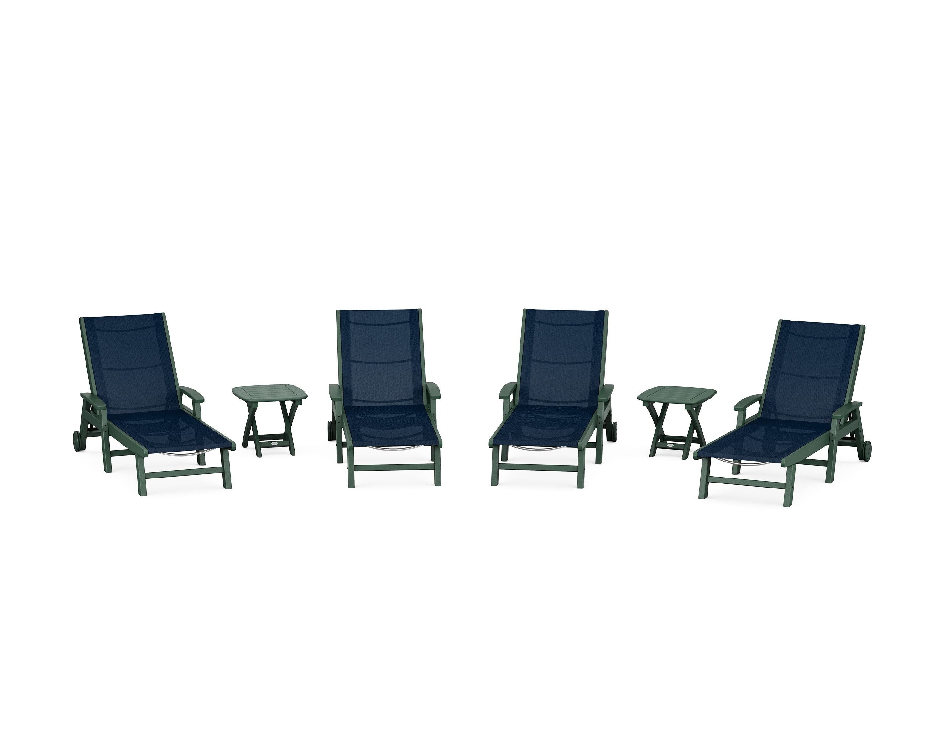POLYWOOD Coastal Chaise 6-Piece Set with Wheels in Green / Navy Blue Sling