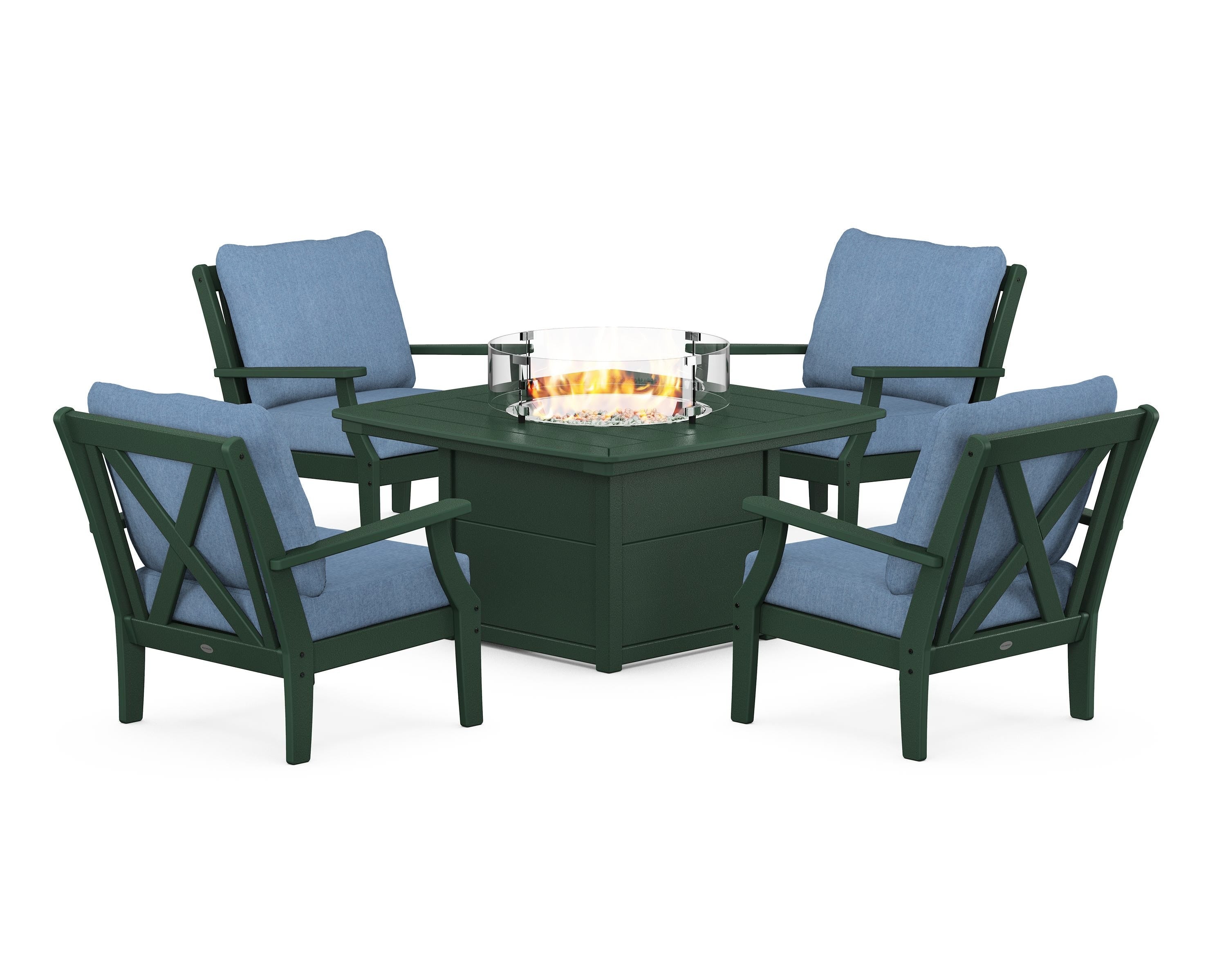 POLYWOOD Braxton 5-Piece Deep Seating Conversation Set with Fire Pit Table in Green / Sky Blue
