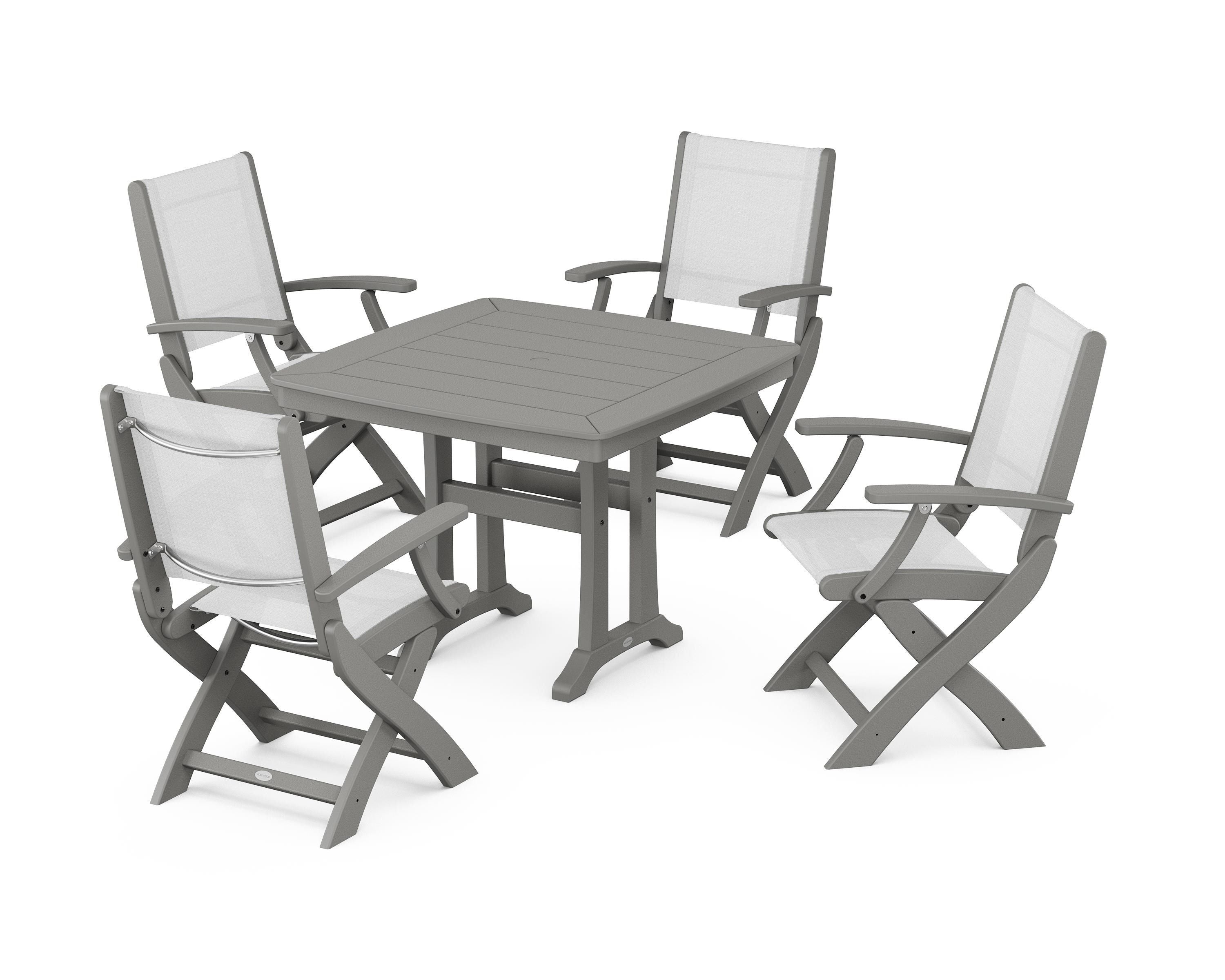 POLYWOOD Coastal Folding Chair 5-Piece Dining Set with Trestle Legs in Slate Grey / White Sling