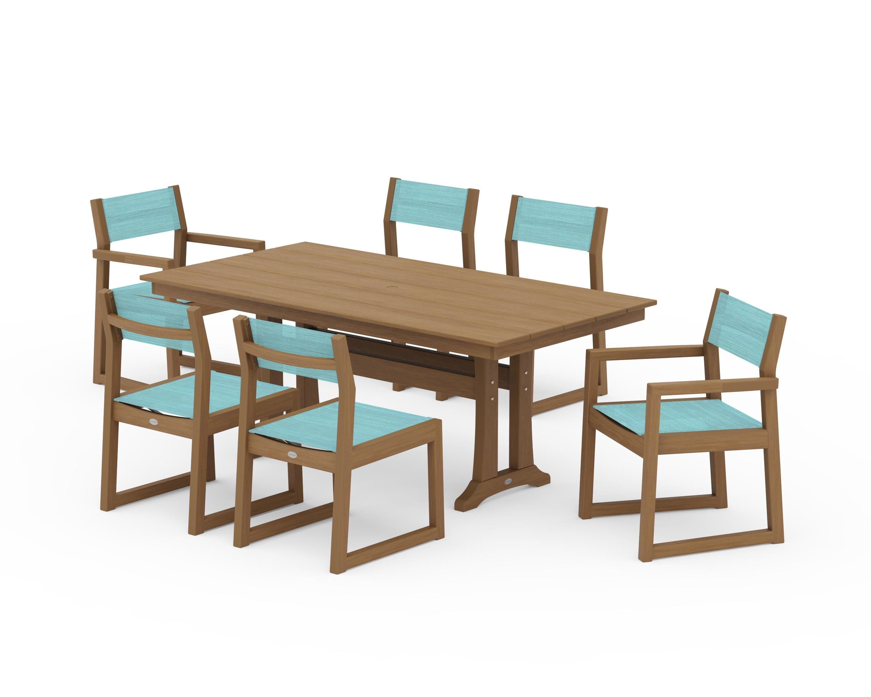 POLYWOOD EDGE Sling 7-Piece Farmhouse Trestle Dining Set in Natural / Dupioni Aquamarine Sling