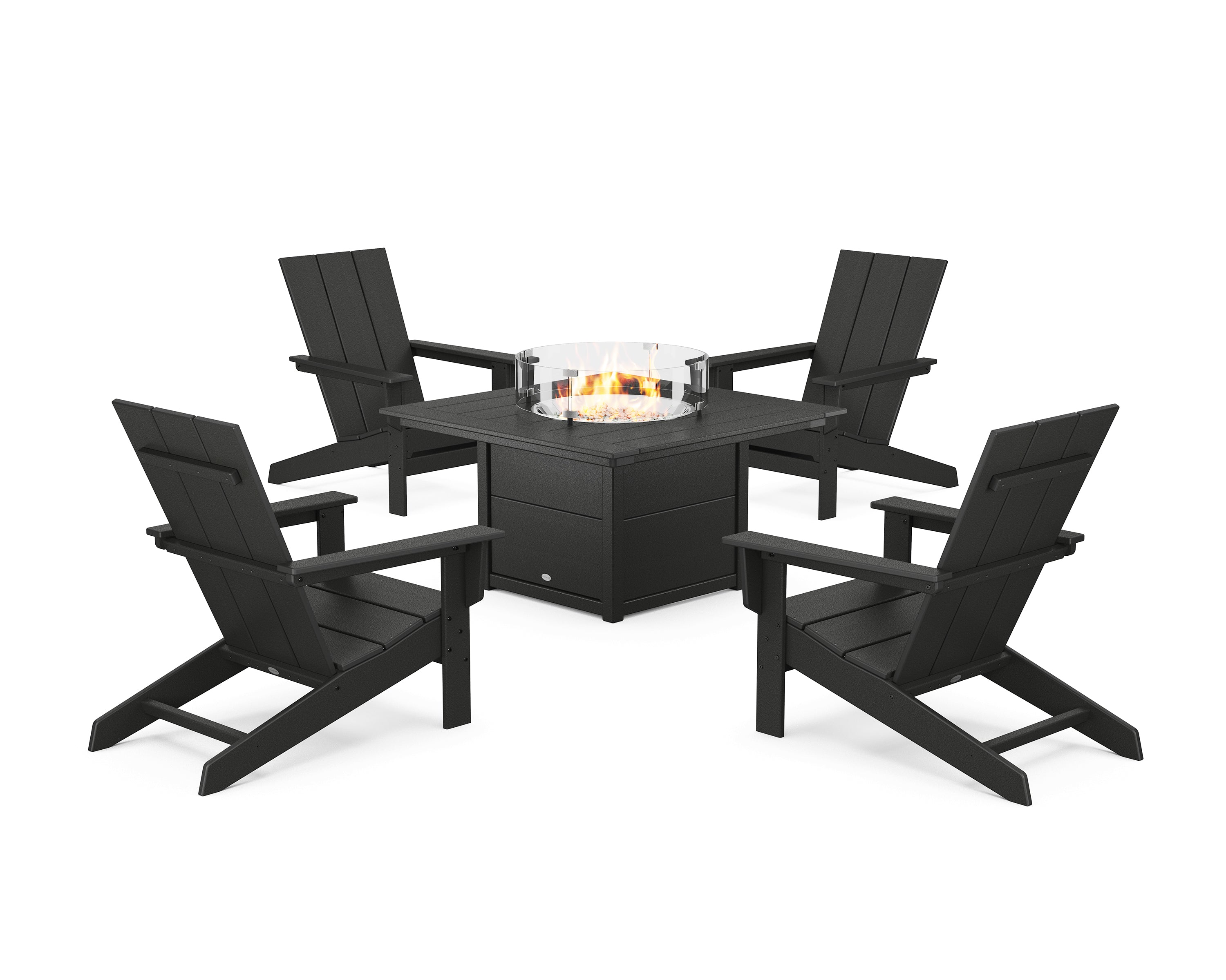 POLYWOOD® 5-Piece Modern Studio Adirondack Conversation Set with Fire Pit Table in Black