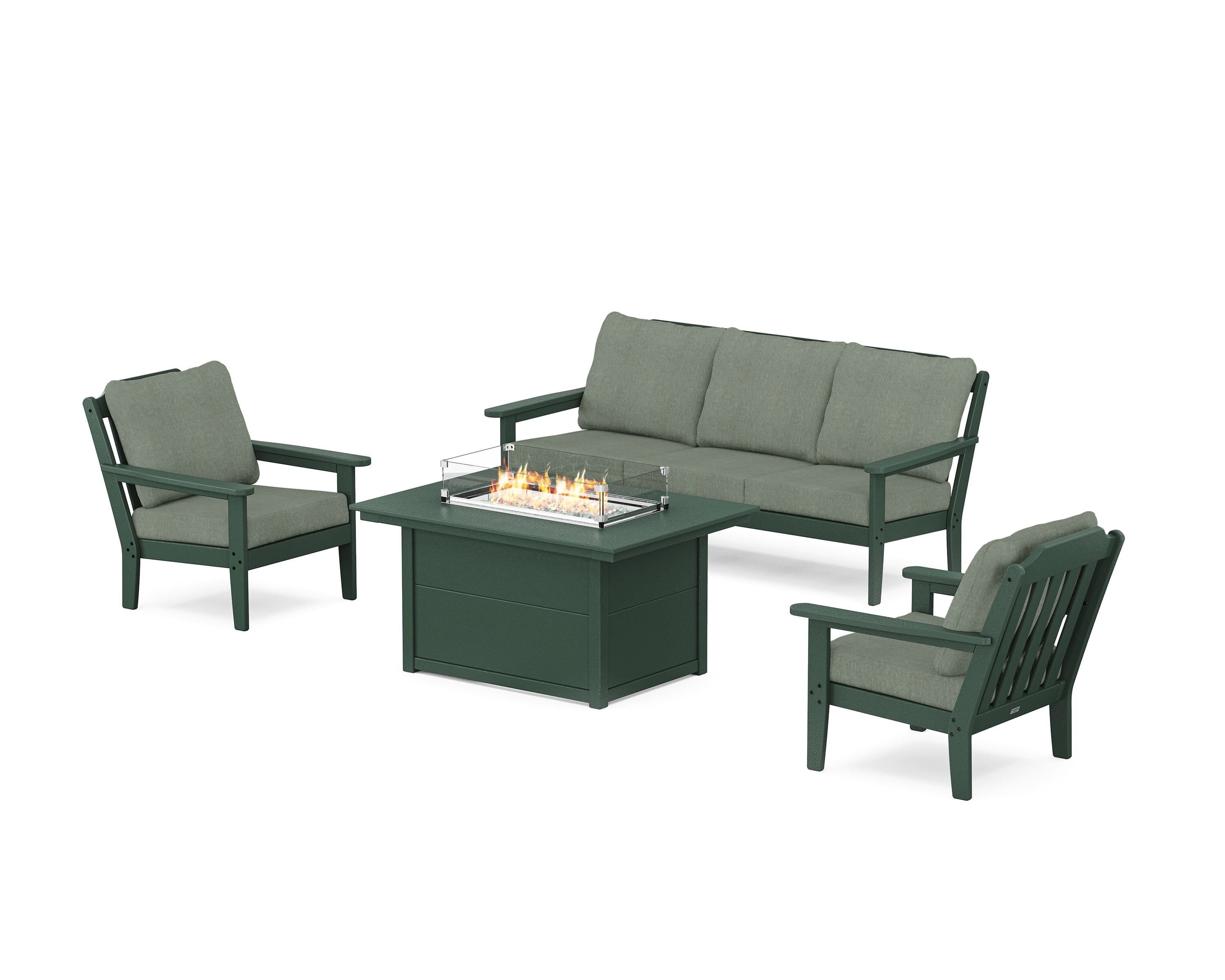Country Living Cottage Deep Seating Fire Pit Table Set in Green / Cast Sage