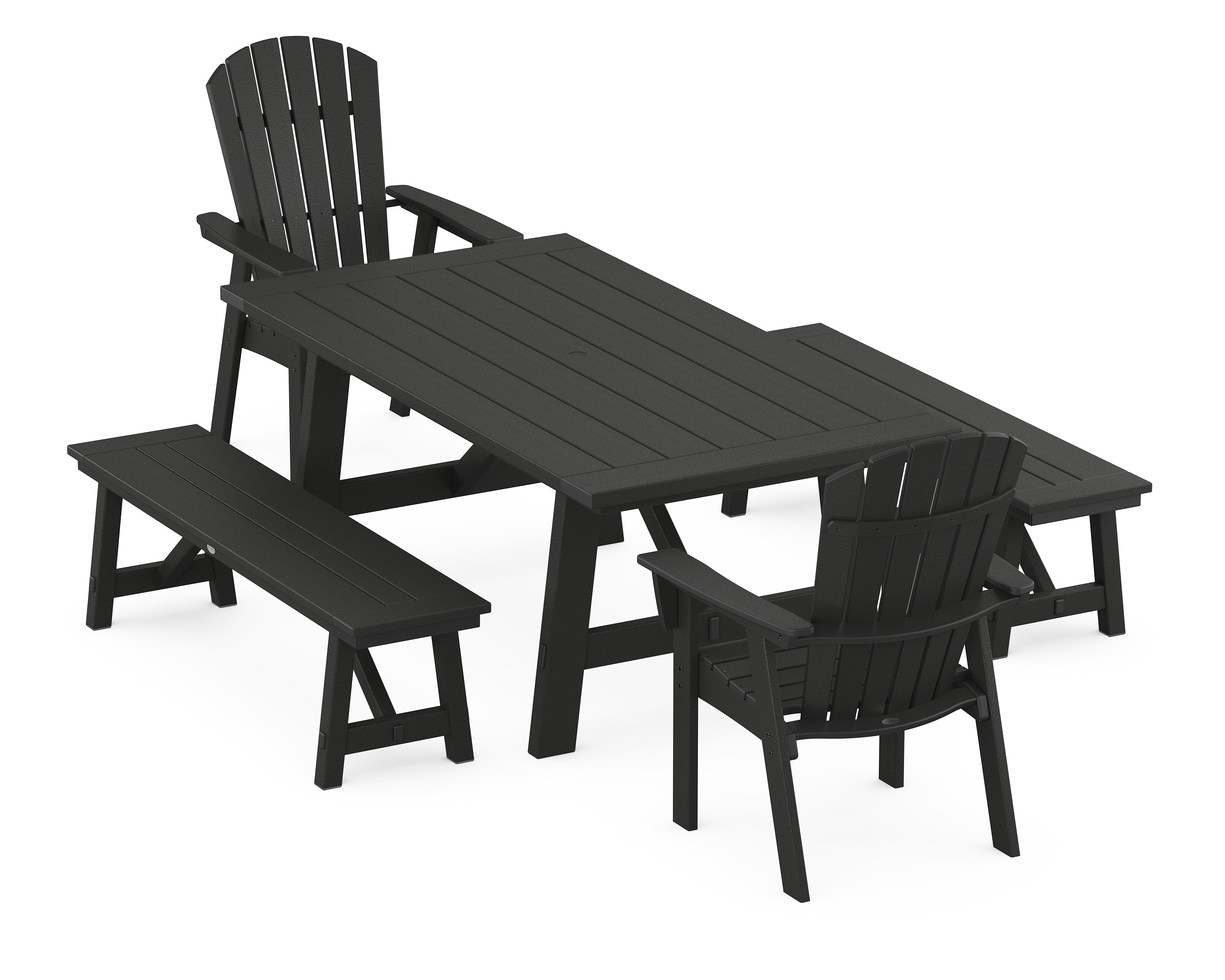 POLYWOOD® Nautical Curveback Adirondack 5-Piece Rustic Farmhouse Dining Set With Benches in Black