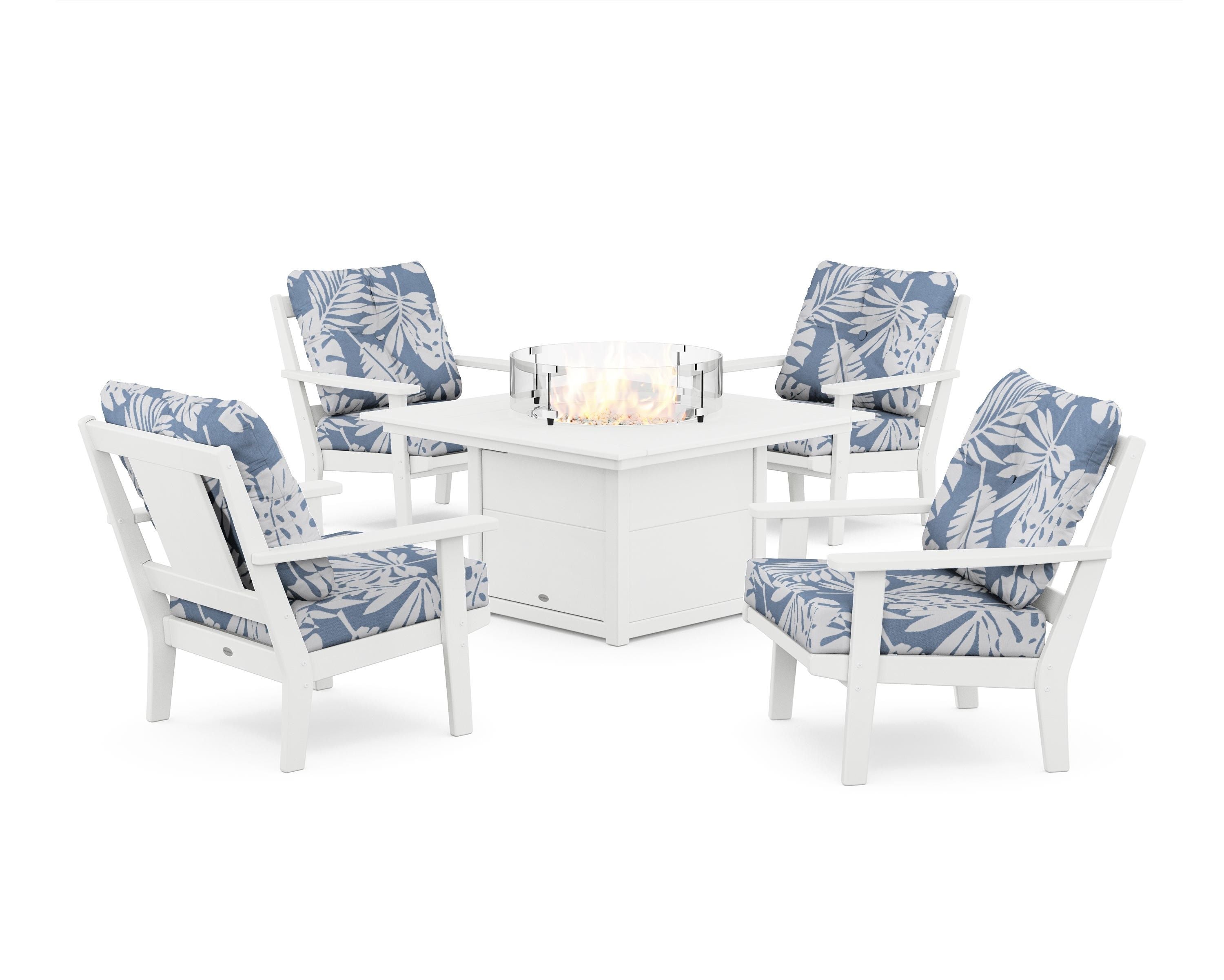 POLYWOOD Prairie 5-Piece Deep Seating Set with Fire Pit Table in White / Leaf Sky Blue