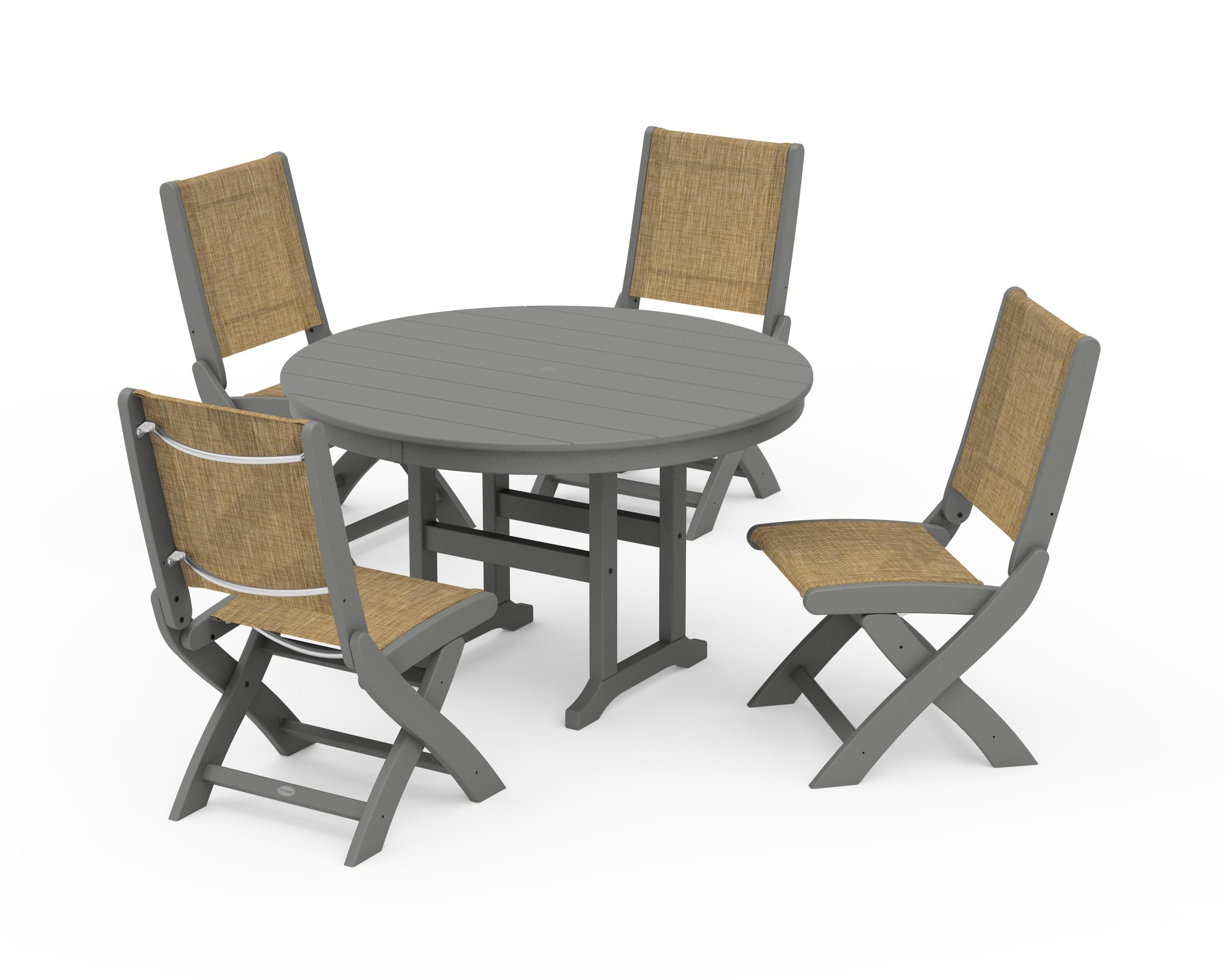 POLYWOOD Coastal Folding Side Chair 5-Piece Round Dining Set in Slate Grey / Burlap Sling