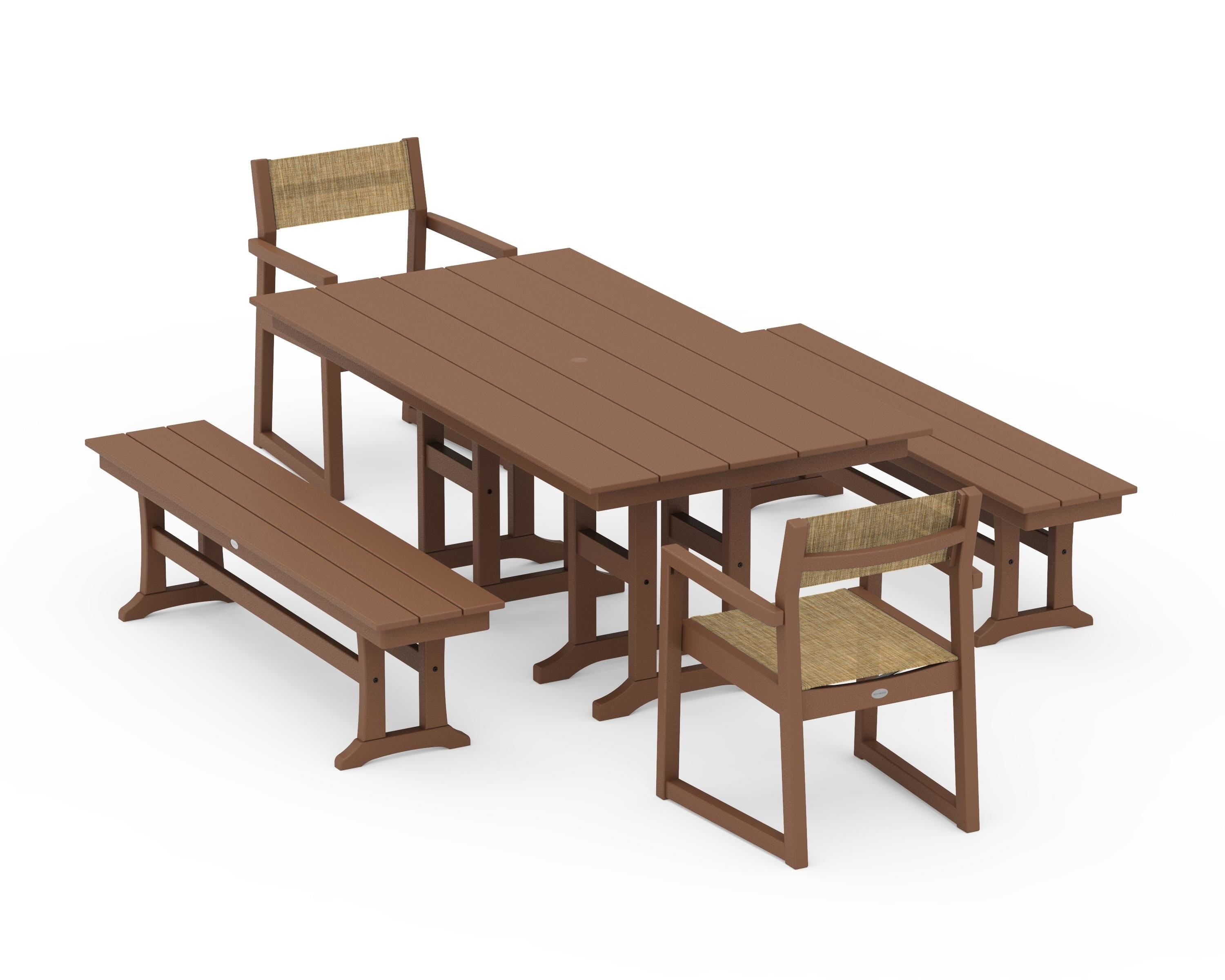 POLYWOOD EDGE Sling Arm Chair 5-Piece Farmhouse Dining Set with Benches in Teak / Burlap Sling