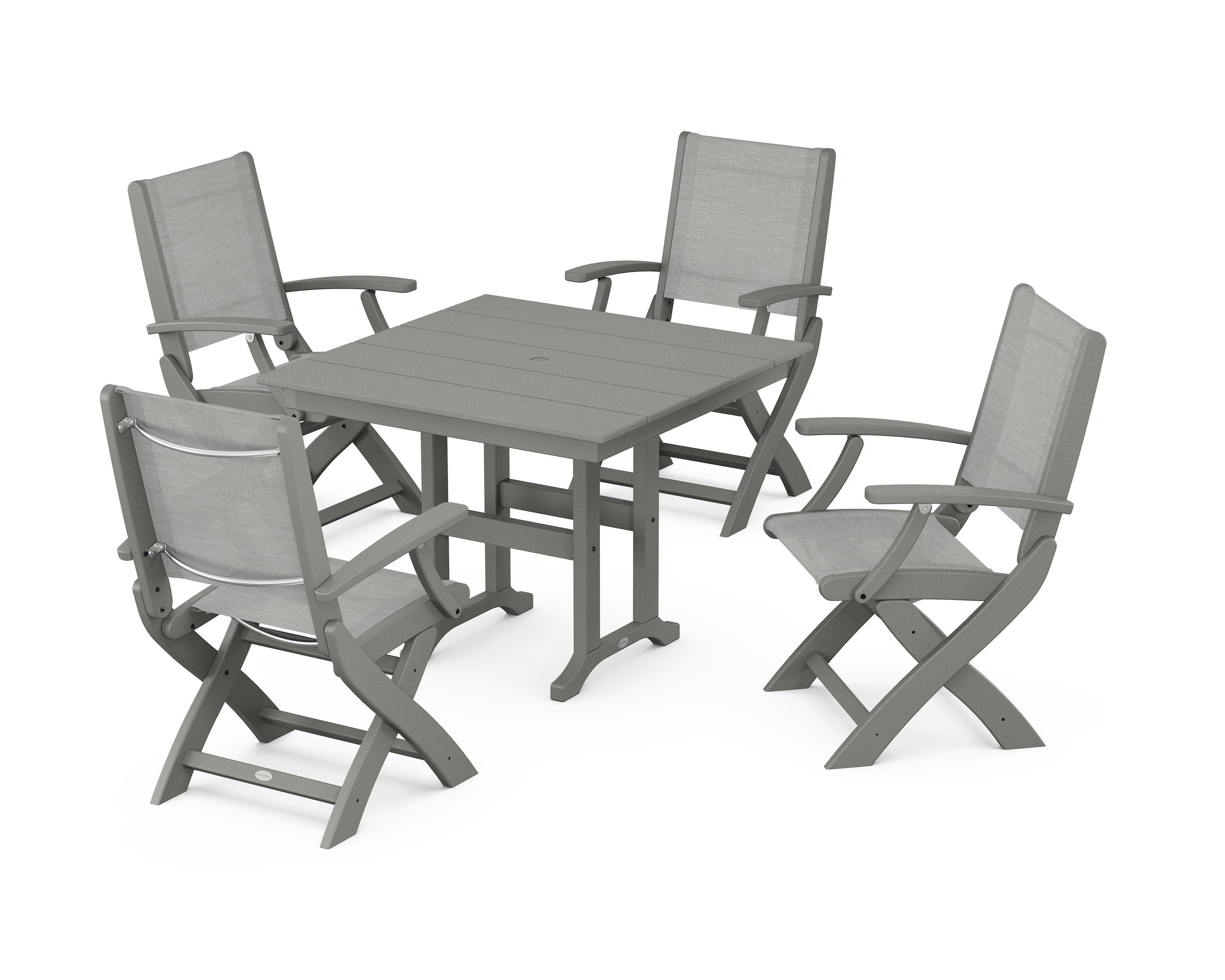 POLYWOOD Coastal Folding Chair 5-Piece Farmhouse Dining Set in Slate Grey / Metallic Sling
