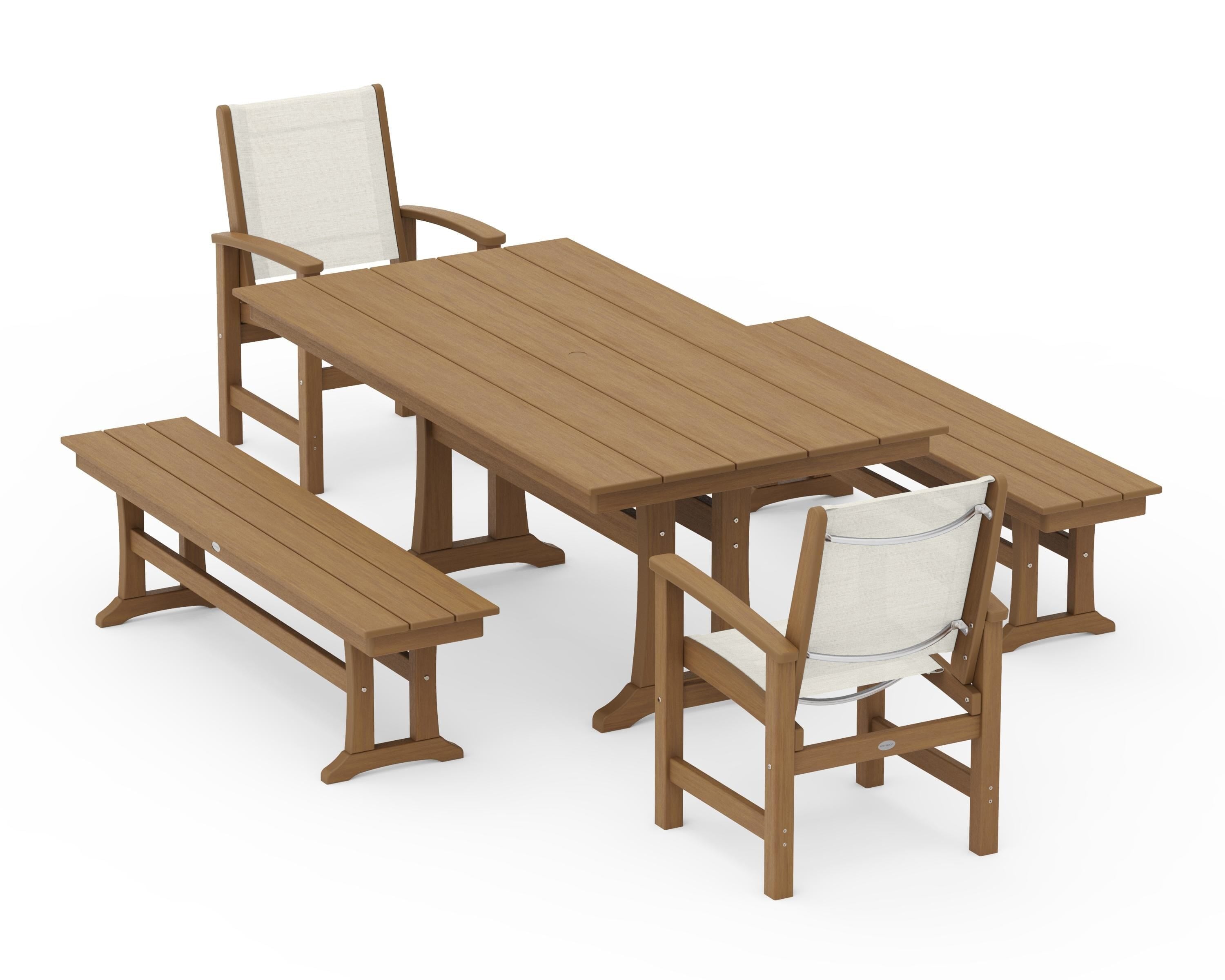 POLYWOOD Coastal 5-Piece Farmhouse Dining Set with Trestle Legs and Benches in Natural / Parchment Sling