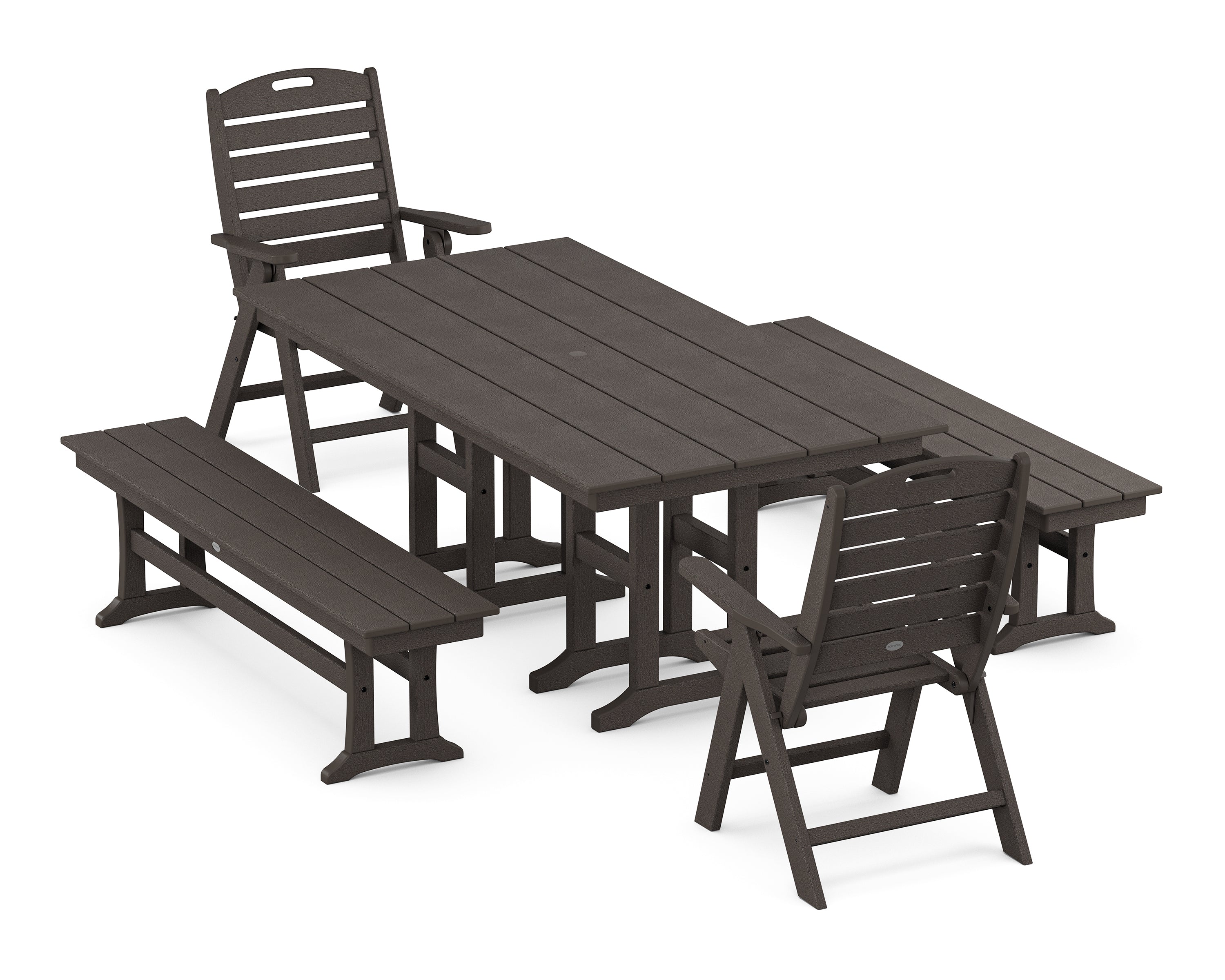 POLYWOOD Nautical Highback 5-Piece Farmhouse Dining Set with Benches in Vintage Coffee
