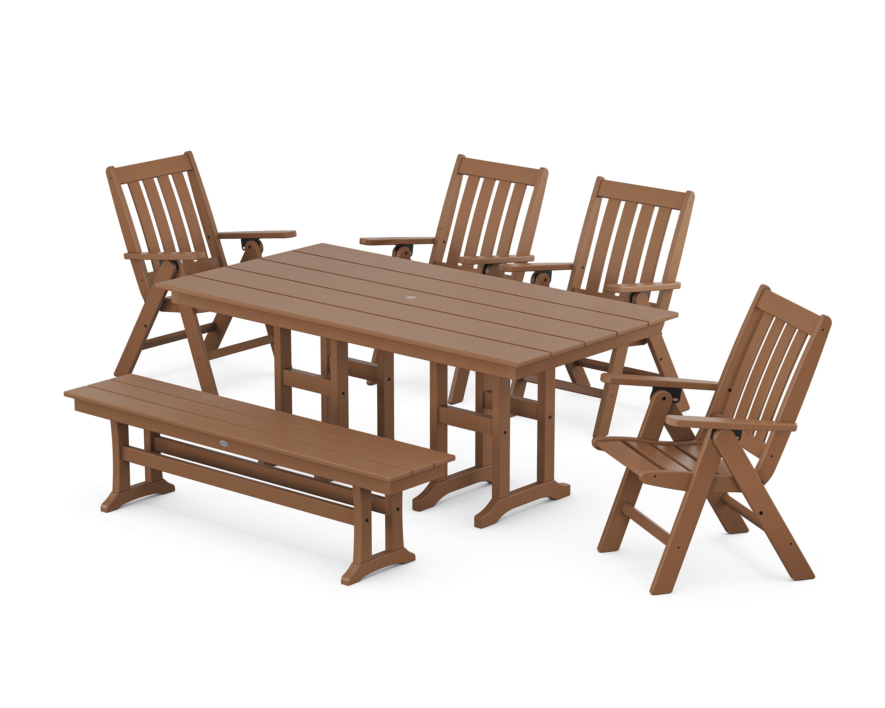 POLYWOOD Vineyard Folding Chair 6-Piece Farmhouse Dining Set with Bench in Teak