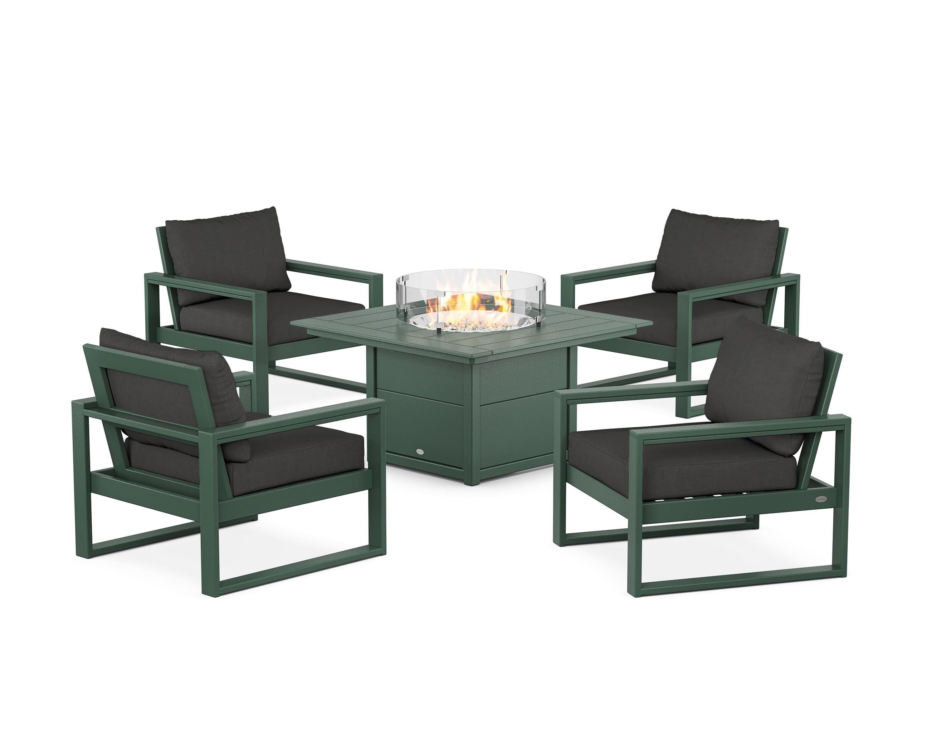 POLYWOOD EDGE Sectional 5-Piece Deep Seating Set with Fire Pit Table in Green / Spectrum Carbon