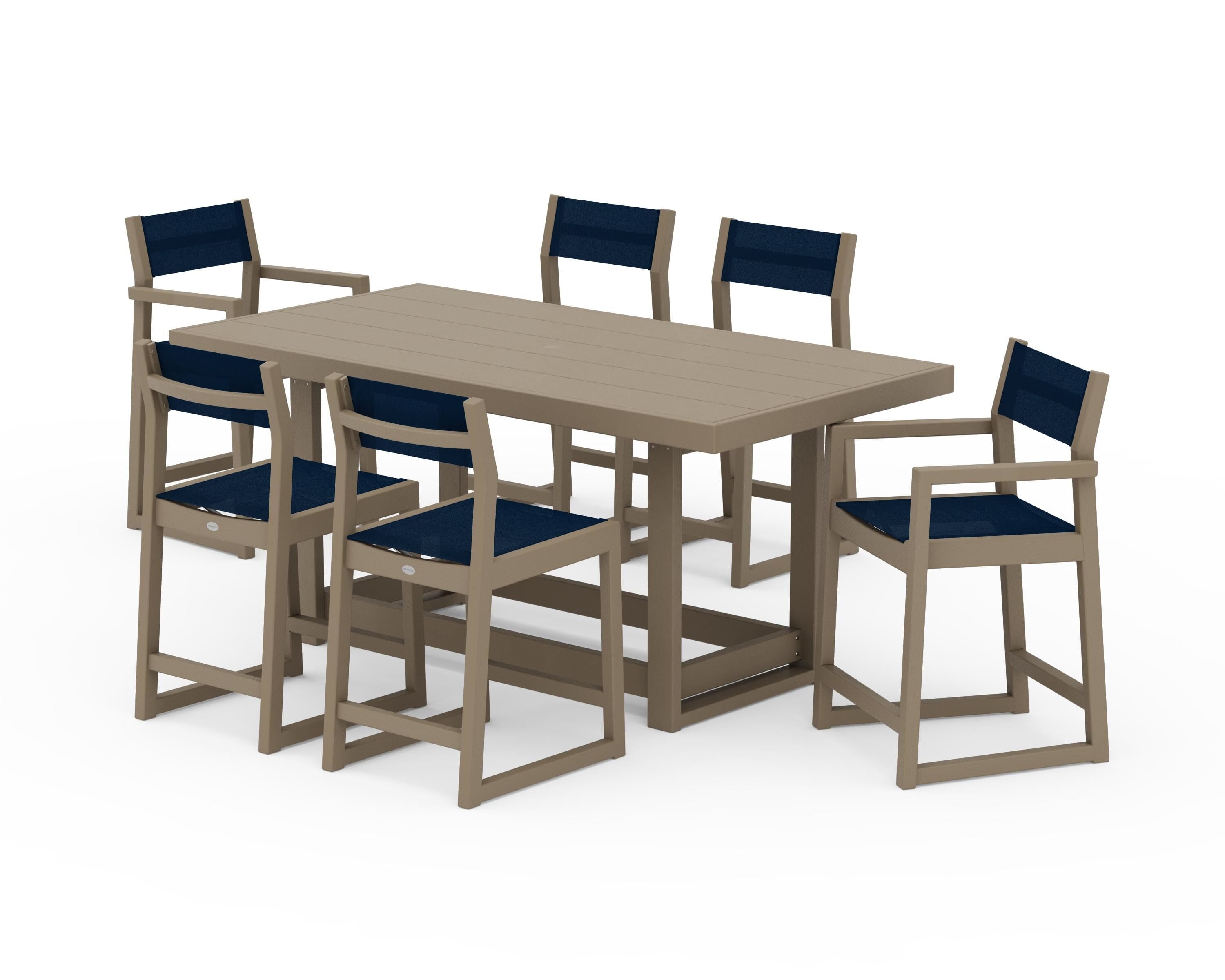 POLYWOOD EDGE Sling 7-Piece Counter Table Set in Vintage Sahara / Navy Blue Sling