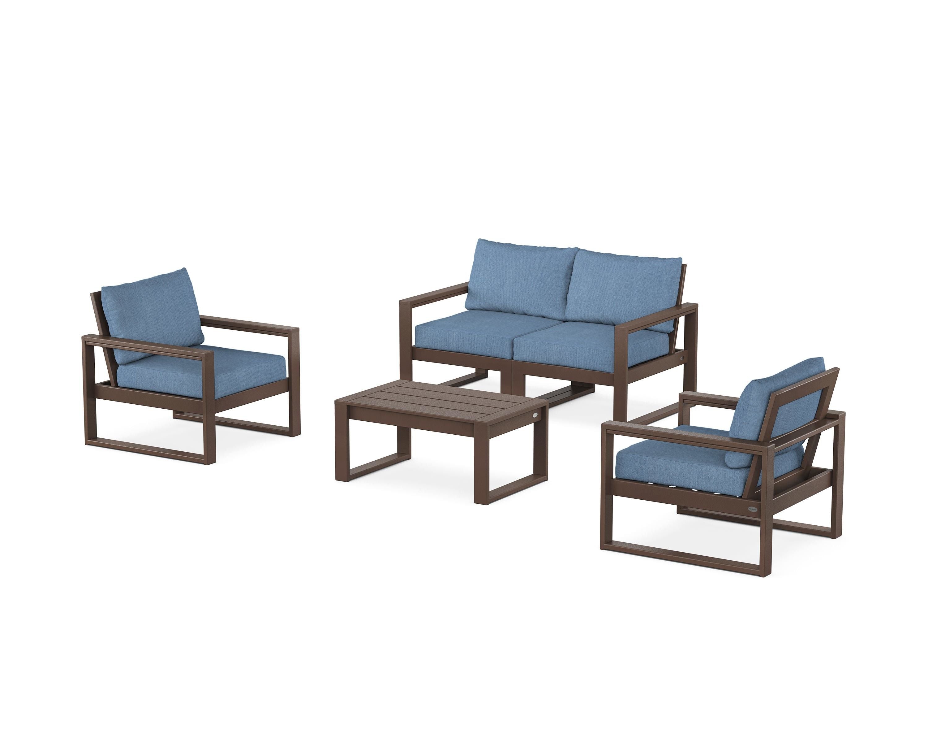 POLYWOOD EDGE Sectional 4-Piece Deep Seating Set with Loveseat in Mahogany / Sky Blue