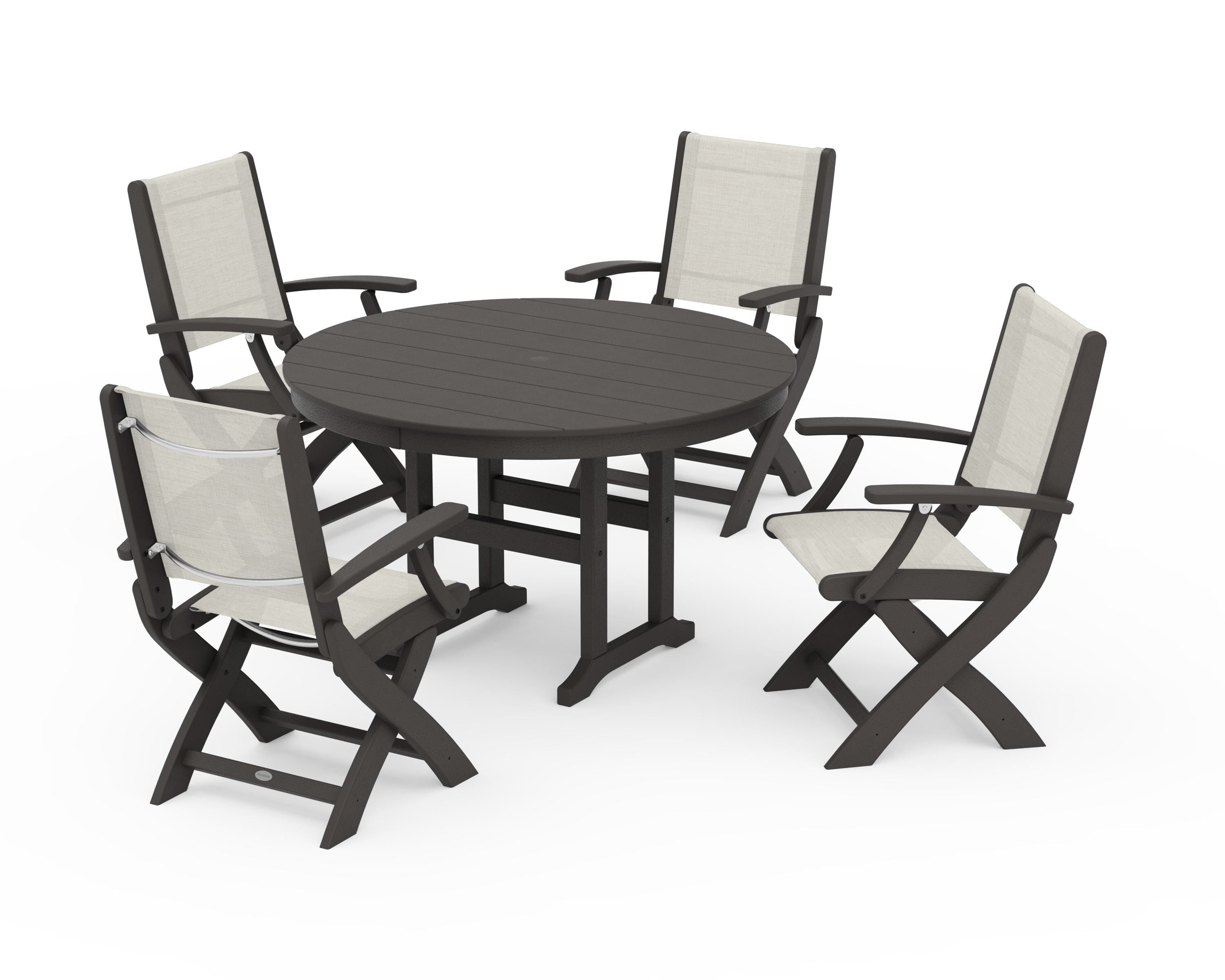 POLYWOOD Coastal Folding Chair 5-Piece Round Dining Set in Vintage Coffee / Parchment Sling