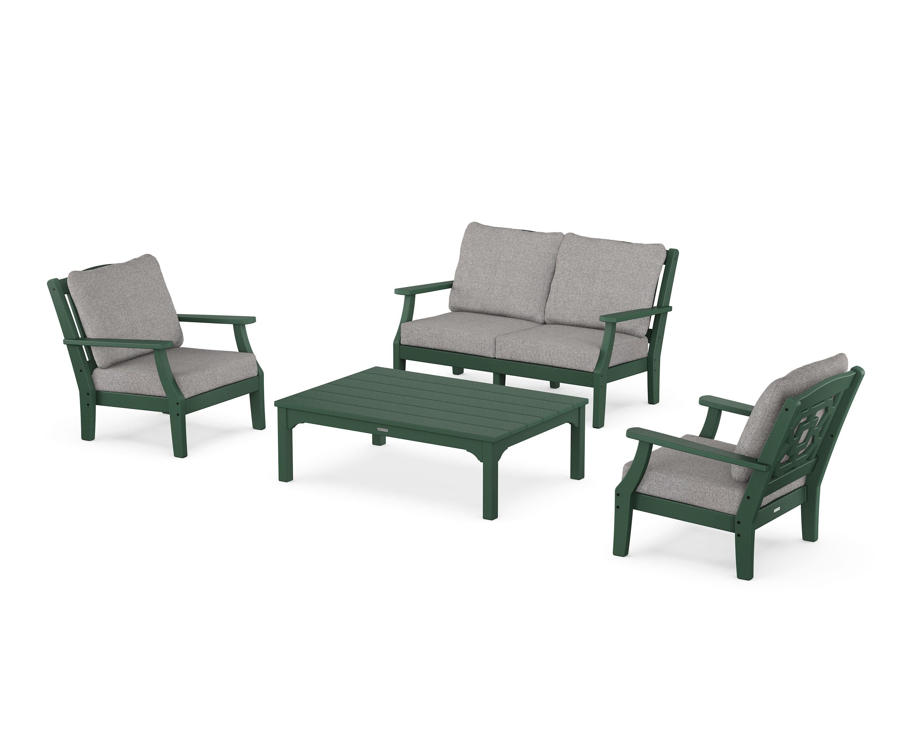 Martha Stewart by POLYWOOD Chinoiserie 4-Piece Deep Seating Set with Loveseat in Green / Grey Mist