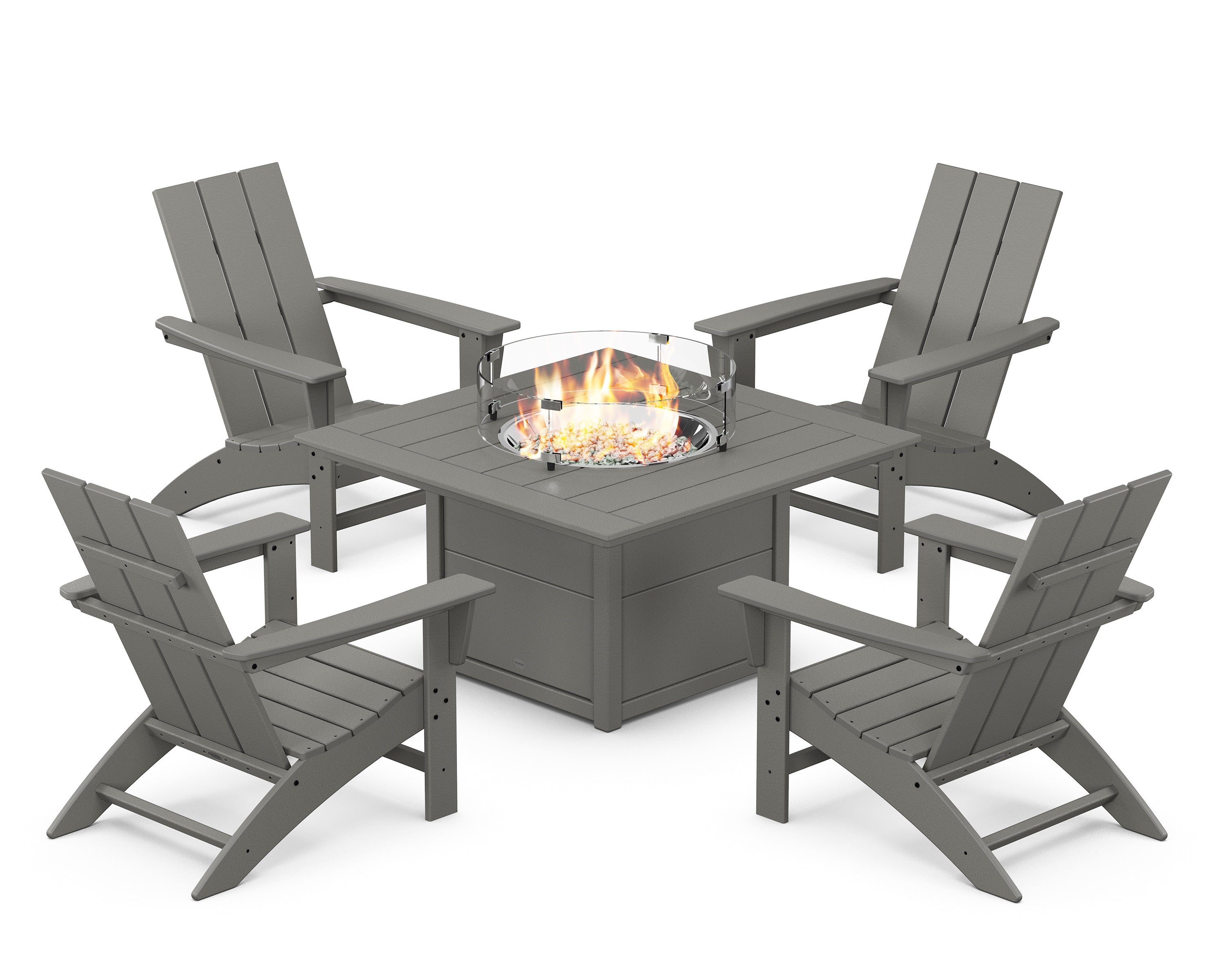 POLYWOOD® Modern 5-Piece Adirondack Chair Conversation Set with Fire Pit Table in Slate Grey