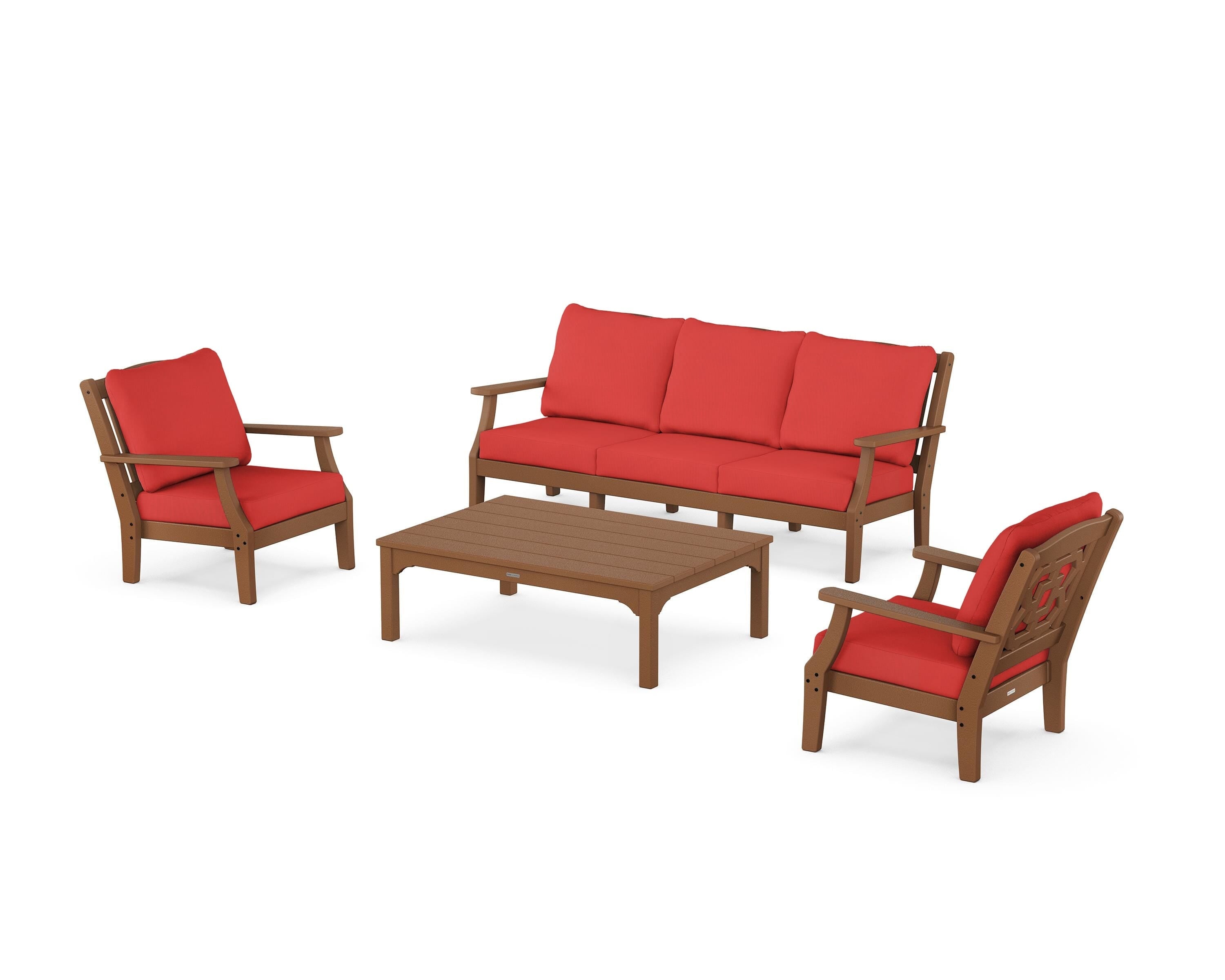 Martha Stewart by POLYWOOD Chinoiserie 4-Piece Deep Seating Set with Sofa in Teak / Crimson Linen