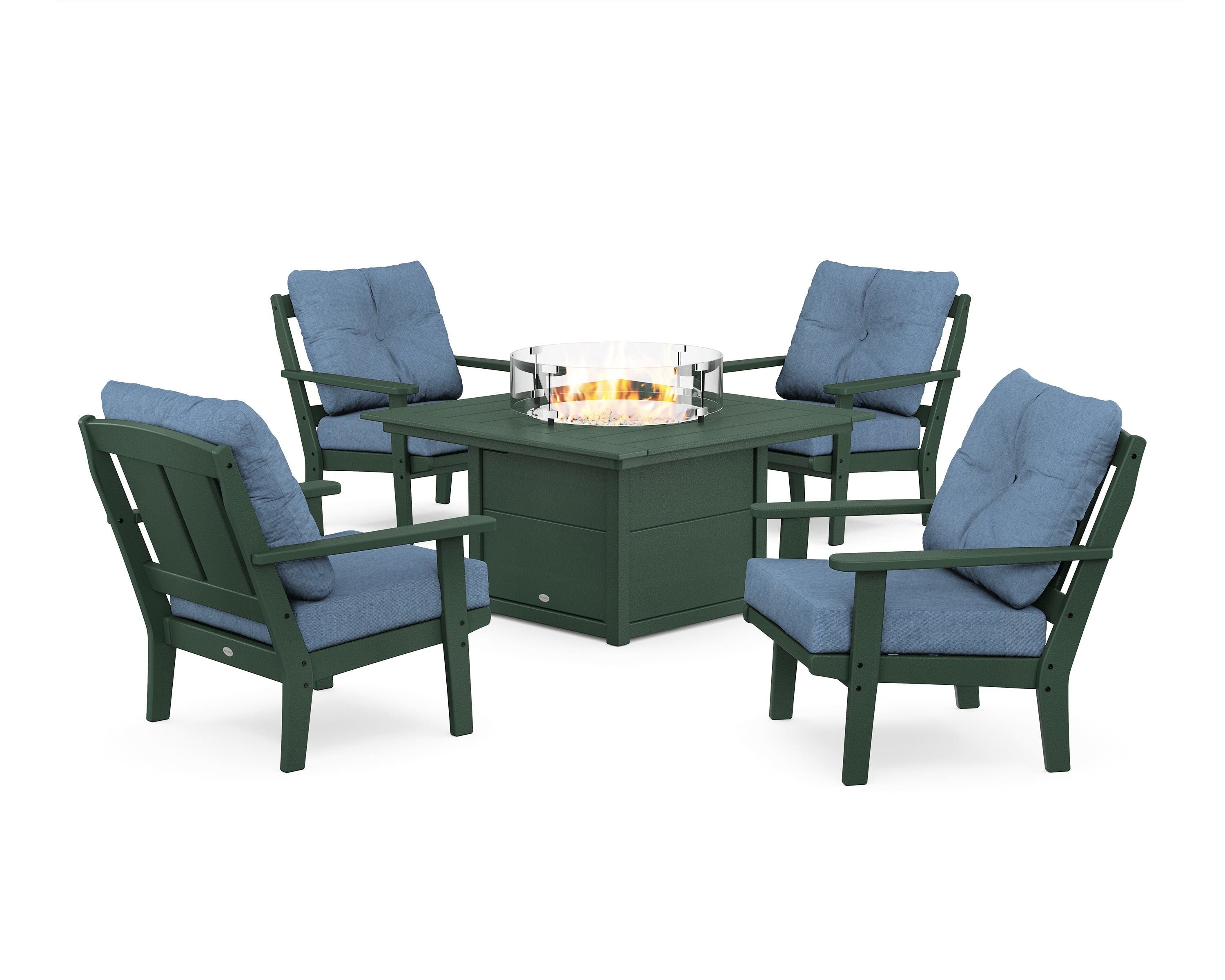 POLYWOOD Mission 5-Piece Deep Seating Set with Fire Pit Table in Green / Sky Blue