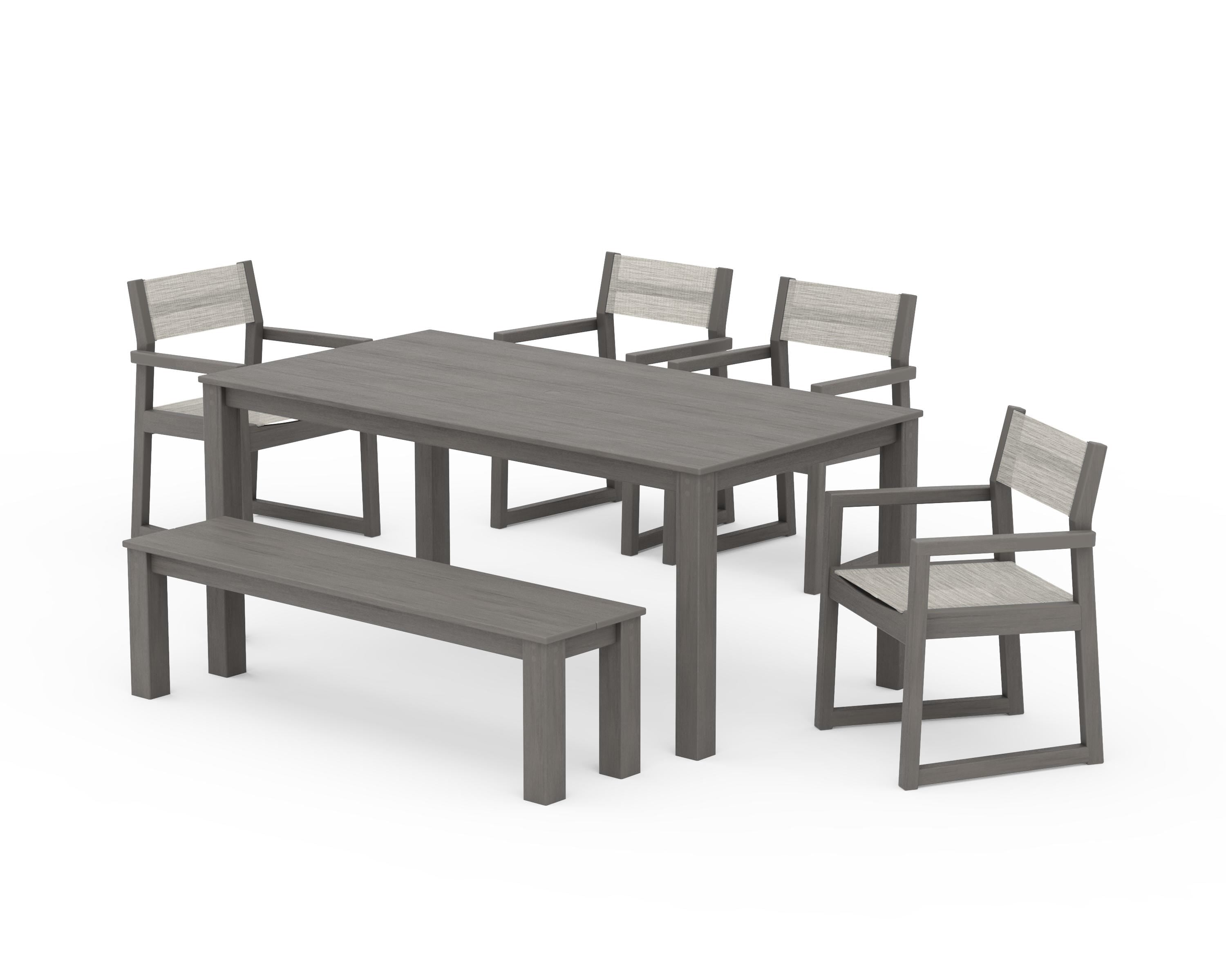 POLYWOOD EDGE Sling Arm Chair 6-Piece Parsons Dining Set with Bench in Driftwood / Birch Sling