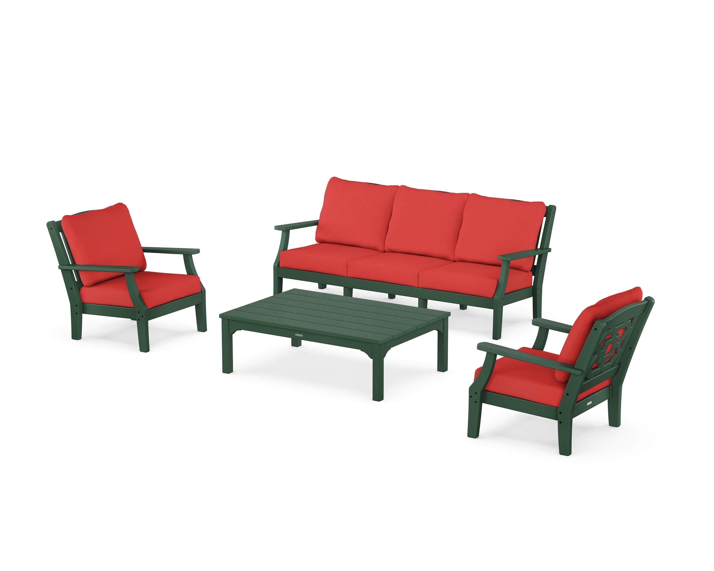 Martha Stewart by POLYWOOD Chinoiserie 4-Piece Deep Seating Set with Sofa in Green / Crimson Linen