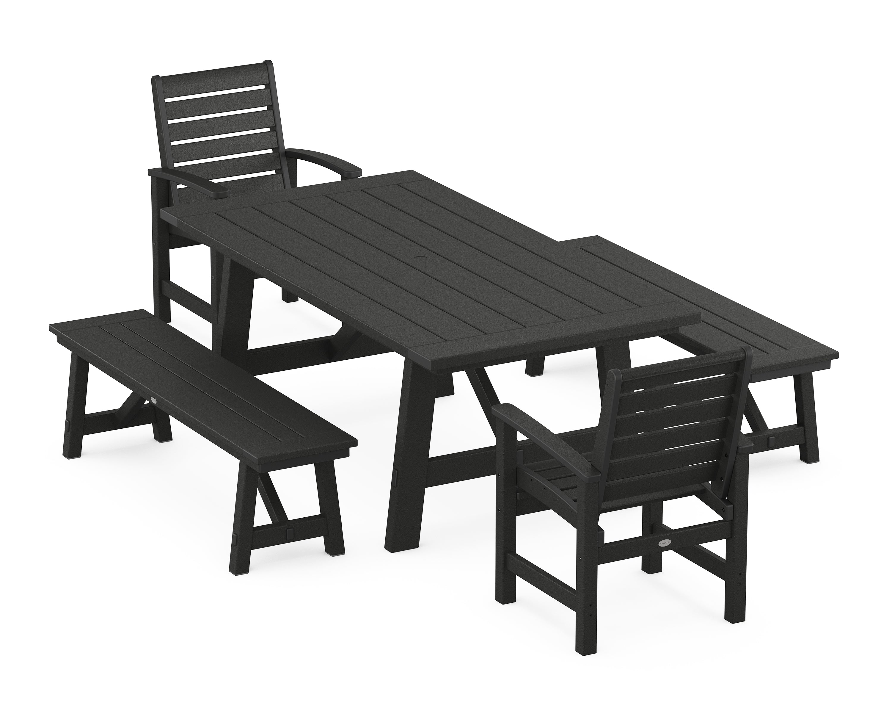 POLYWOOD® Signature 5-Piece Rustic Farmhouse Dining Set With Benches in Black