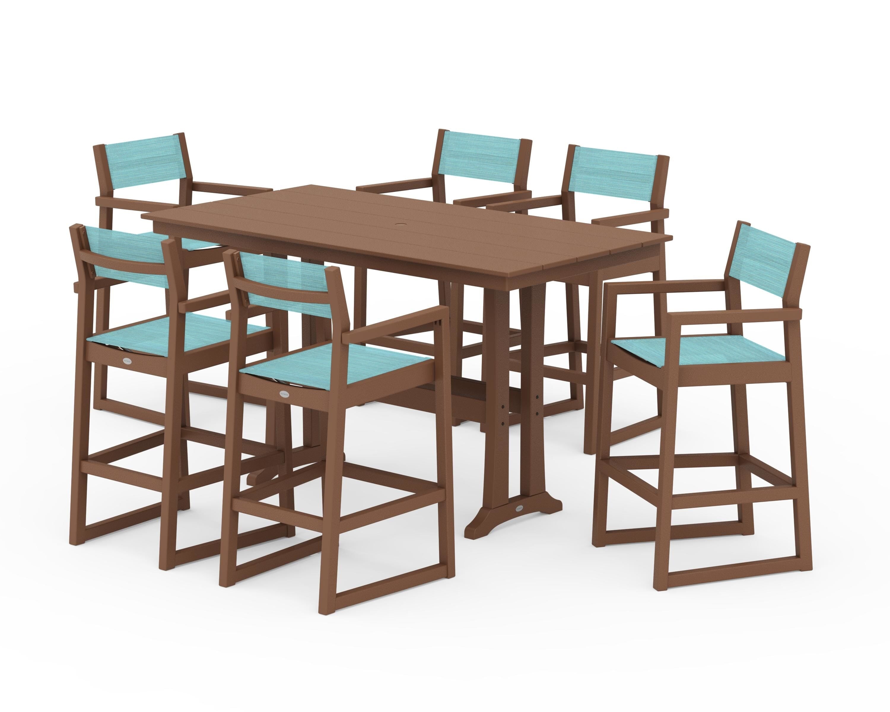 POLYWOOD EDGE Sling Arm Chair 7-Piece Farmhouse Bar Set with Trestle Legs in Teak / Dupioni Aquamarine Sling