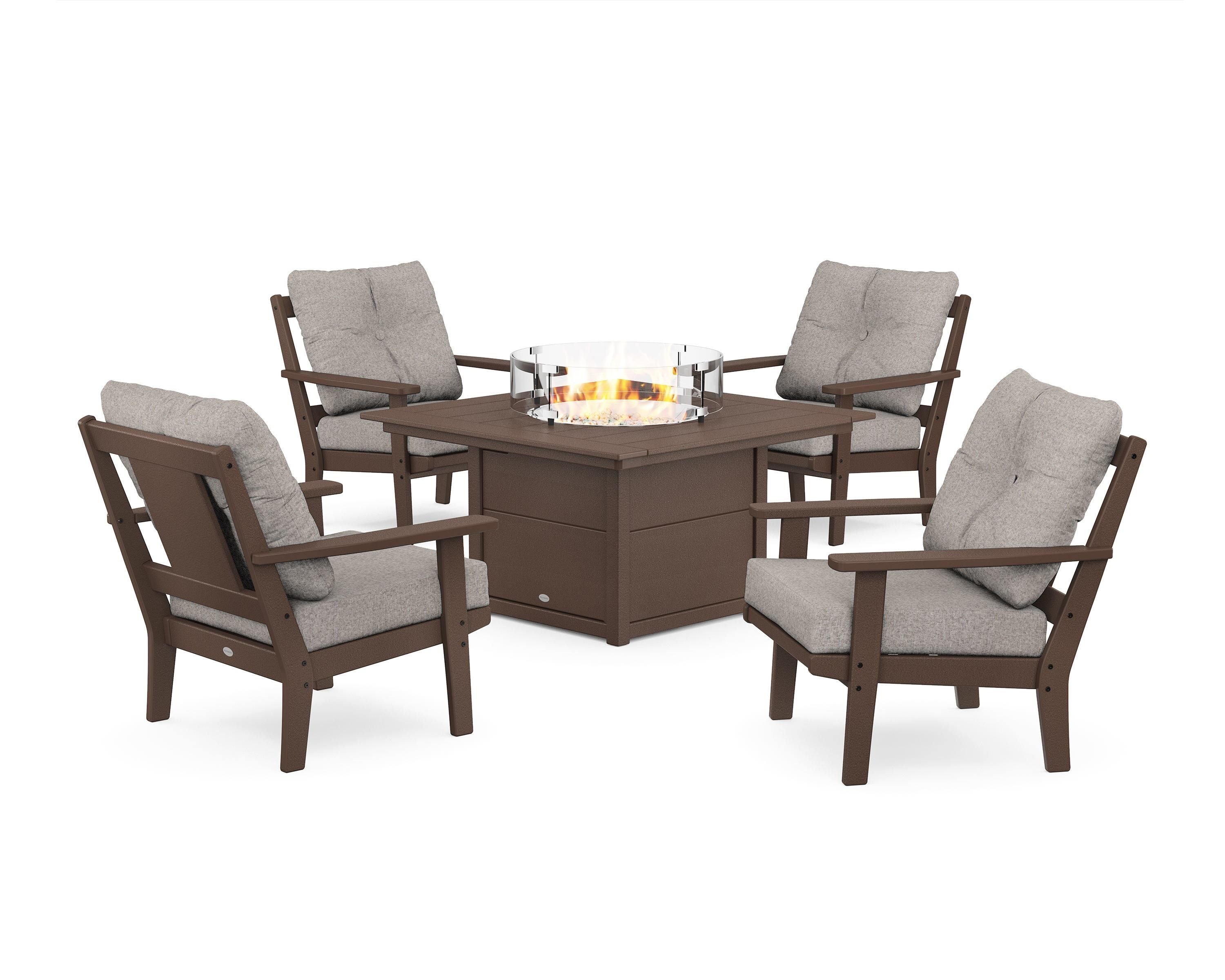POLYWOOD Prairie 5-Piece Deep Seating Set with Fire Pit Table in Mahogany / Weathered Tweed