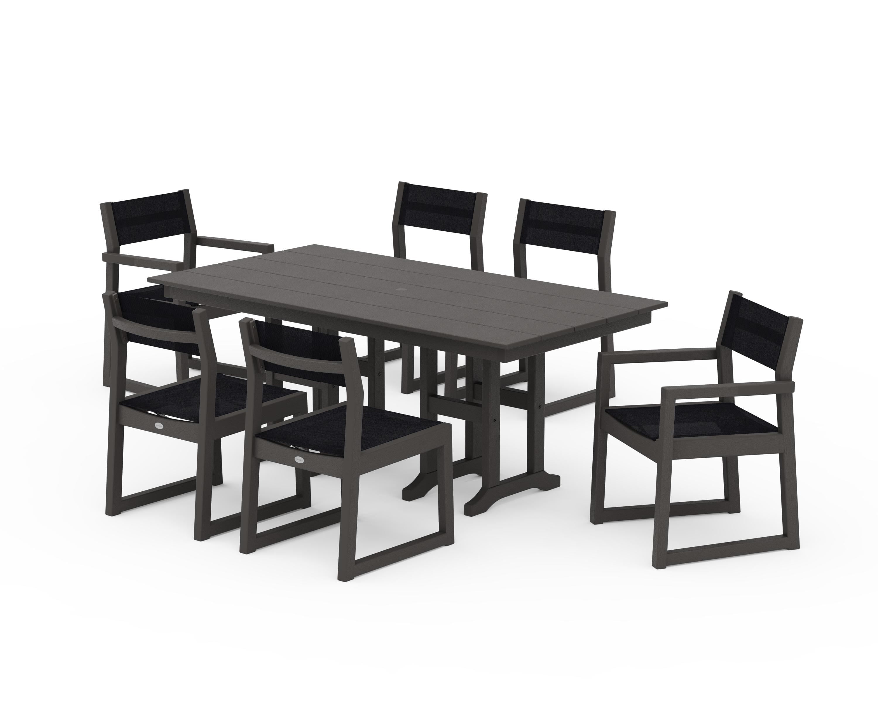 POLYWOOD EDGE Sling 7-Piece Farmhouse Dining Set in Vintage Coffee / Black Sling